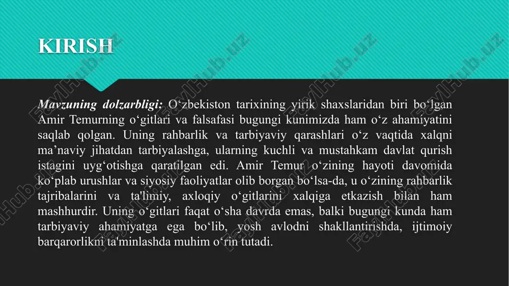 ‘lib, bu yo‘nalish hozirgi zamon yoshlariga ham katta ta’sir ko‘rsatadi. temurning bu o‘gitlari, ayniqsa, yoshlarni milliy g‘urur, o‘zligini anglash, yurtiga xizmat qilish ruhida tarbiyalashda yordam beradi. amir temur o‘gitlarining zamonaviy hayotda qo‘llanilishi amir temur o‘gitlari nafaqat tarixiy qadriyatlar sifatida, balki zamonaviy ta'lim tizimida yoshlarni ma'naviy jihatdan shakllantirishda qo‘llanilishi kerak. bugungi kunda o‘quvchilarga temur o‘gitlaridan kelib chiqib, ularni nafaqat ilmiy, balki axloqiy va ma'naviy jihatdan ham shakllantirish zarur. o‘quvchilarga vatanparvarlik, mehnatsevarlik, adolat, axloqiy yuksaklik kabi qadriyatlarni o‘rgatish, ularning har tomonlama rivojlanishiga, ijtimoiy faolligini oshirishga olib keladi. zamonaviy ta’limda shaxsga yo‘naltirilgan yondashuv asosiy pedagogik tamoyillardan biridir. amir temur o‘z o‘gitlarida har bir insonning individual imkoniyatlari, ma’naviy-ruhiy tarbiyasi, o‘zlikni anglashiga urg‘u bergan. u kishilarni yoshi, lavozimi yoki ijtimoiy holatidan qat’i nazar, qobiliyati va xizmatiga qarab qadrlagan. bu yondashuv hozirgi ta’limda differensial yondashuv, inklyuziv ta’lim va shaxsiylashtirilgan o‘qitish metodlari bilan uyg‘unlashadi. demak, temurning o‘gitlari zamonaviy ta’limda shaxsga individual yondashuvni kuchaytirish zarurligini asoslaydi. t. qurbonov …