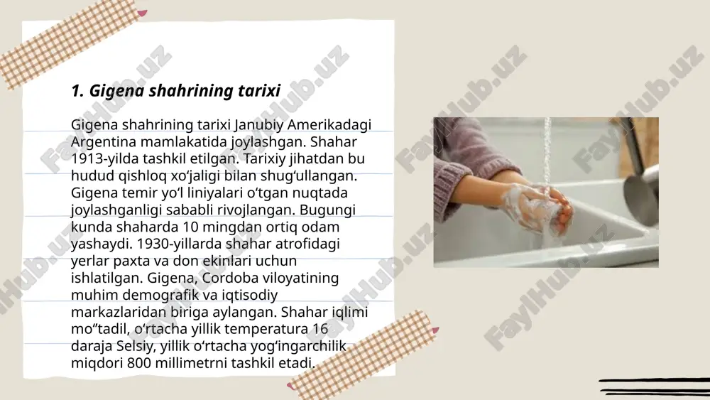 pi ichki mahsulotining 5,2% ini tashkil etdi. ahamiyatli joylar: samarqand, buxoro va xivada turistlar oqimi 20% ga ko‘paydi. turizm sohasiga davlat investitsiyalari 200 million aqsh dollarini tashkil etdi, infratuzilma yaxshilandi va yangi turistik marshrutlar ishlab chiqildi. ... t.me/slaydai_bot 7. gigenaning mahalliy taomlari gijan shahridagi milliy taomlar asosan o'zbek oshxonasiga xos. palov eng mashhur taomlardan biri bo'lib, maxsus ziravorlar va go'sht bilan tayyorlanadi. oshpazlar odatda 2:1 nisbatda guruch va suvdan foydalanadilar. gijanliklar shashlikni ham yaxshi ko'rishadi, u 180 daraja haroratda tayyorlanadi. nonushta uchun ko'pincha qovurilgan tuxum va yangi pishirilgan non tanlanadi. ko'cha bozorlarida chak-chak sotib olish mumkin, bu asal bilan shirindor qilingan xamir bo'lagidan iborat. mahalliy odamlar asosan choy ichishadi, ko'pincha ko'k va qora choy aralashtiriladi. barcha taomlar odatda uyda, oila davrasida iste'mol qilinadi. ... t.me/slaydai_bot g'ijgonchilik va chorvachilik o'zbekistonning iqtisodiy tarmoqlaridan biri bo'lib, mamlakatning qishloq xo'jaligi ishlab chiqarishida katta ahamiyatga ega. 2022 yilda o'zbekistonda don mahsulotlari yetishtirish hajmi 10 million …