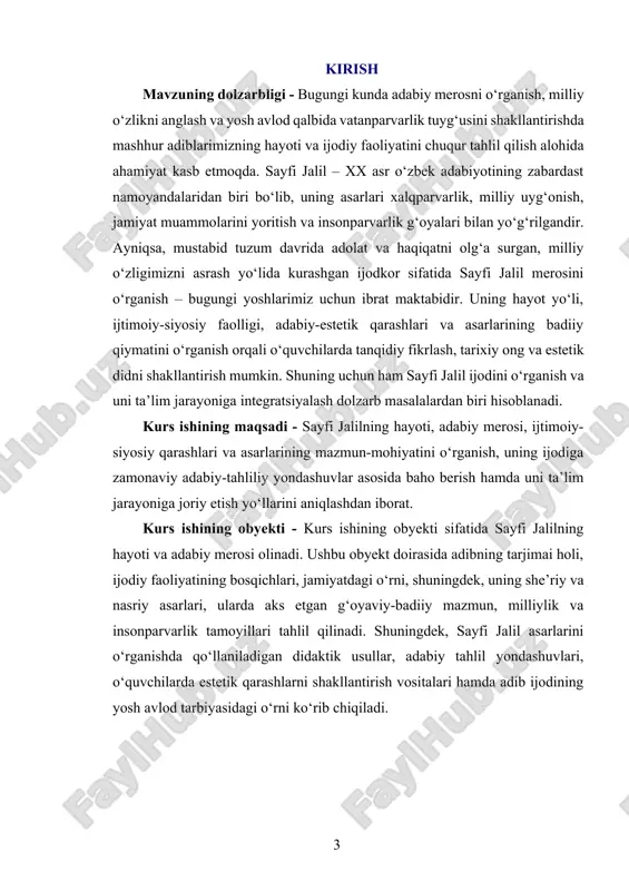 ini qunt bilan tinglagan, ertaklar, maqollar, dostonlar va qo‘shiqlar orqali o‘zining estetik didini shakllantirgan. bu jarayon, albatta, uning keyingi hayoti va ijodiga poydevor bo‘lib xizmat qilgan. sayfi jalil maktab davridayoq o‘z tengdoshlaridan ajralib turgan. u o‘qishga qiziqqan, darslarda faol qatnashgan, ayniqsa adabiyot, tarix va musiqa fanlariga alohida mehr qo‘ygan. ustozlari uning bilimga chanqoqligini qadrlab, unga doimiy rag‘bat berishgan. u nafaqat o‘qituvchilarning savollariga javob bergan, balki darsdan tashqarida ham o‘zi mustaqil ravishda kitob mutolaa qilgan, she’rlar yozgan, oddiy kuylarga o‘ziga xos sozlar qo‘shgan. bu esa uning ijodiy faoliyatini juda erta boshlashiga sabab bo‘lgan. yoshligida u maktabdagi dramalar, she’riy kechalar va musiqiy tadbirlarda faol qatnashgan. o‘zining ilk she’rlarini aynan shu davrlarda yozgan. o‘quvchilarning, ustozlarning, hattoki mahalla ahlining e’tirofiga sazovor bo‘lgan bu yosh ijodkor asta-sekinlik bilan adabiy jamoatchilikning ham e’tiborini torta boshlagan. shunday qilib, sayfi jalilning ijodi tobora kengayib bordi. u o‘z she’rlarida xalqning ruhiy holatini, orzu-armonlarini, baxtli kelajak sari intiluvchanligini, mehnatga bo‘lgan …