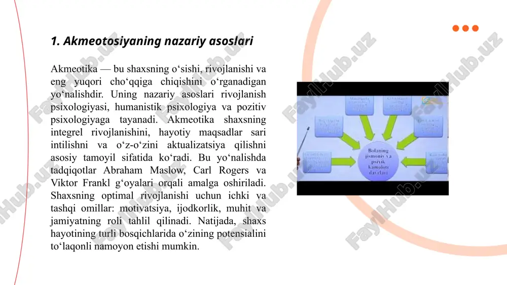 60% ga oshadi, agar boshqalarga aytilsa. maqsadni inson o'z qadriyatlari va qiziqishlariga moslashtirishi lozim. ... t.me/slaydai_bot motivatsiya va o'z-o'zini rag'batlantirish insonning maqsadga erishish yo'lidagi kuchli vositalaridan biridir. tadqiqotlar shuni ko'rsatadiki, muvaffaqiyatli insonlar kundalik faoliyatlarida motivatsiyani yuqori darajada saqlashadi. har kuni o'rtacha 20 daqiqa vaqtni maqsadlar ustida o'ylash va rejalashtirishga ajratish muvaffaqiyat imkoniyatini 30 foizga oshiradi. baholashlar bo'yicha, insonlar o'zlari uchun qo'ygan qisqa muddatli maqsadlarni muvaffaqiyatli bajarganda, ularda motivatsiya darajasi qariyb 40 foizga ko'tariladi. shu sababli, ilmiy asoslangan rejalashtirish va rag'batlantirish usullari motivatsiyani yanada oshiradi. ... t.me/slaydai_bot 7. muammolarni echish va qaror qabul qilish muammolarni echish va qaror qabul qilish jarayonida quyidagi asosiy bosqichlar muhimdir: muammoni aniqlash, ma'lumotlarni to'plash, muqobil yechimlarni ishlab chiqish, har bir yechimni baholash, eng qulay yechimni tanlash va uni amalga oshirish. masalan, d. kahneman va a. tversky tadqiqotlariga ko'ra, qarorlar qabul qilishda insonlar ko'pincha kognitiv xatolarga yo'l qo'yadilar. 70% hollarda intuitiv qaror qabul qilishdan ko'ra, analitik usullardan …