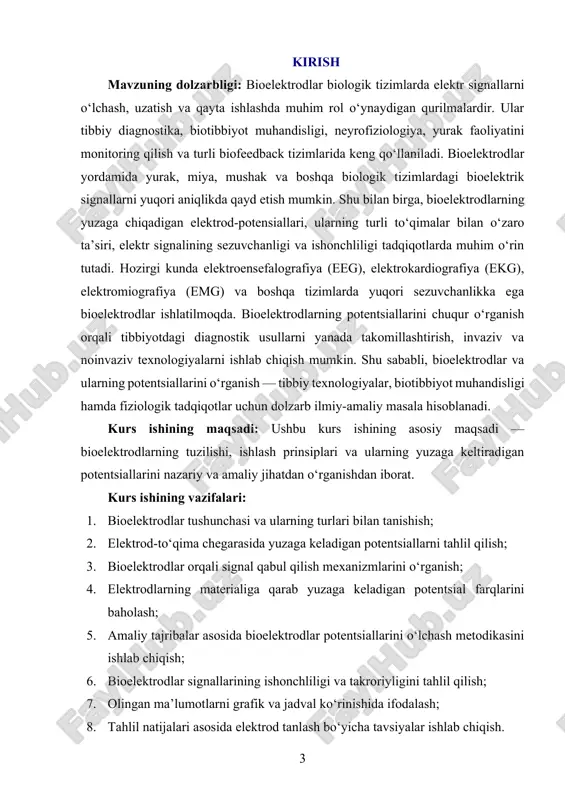 i. kurs ishining amaliy ahamiyati: mazkur kurs ishi orqali talabalar bioelektrodlarning ishlash prinsipi, ularning potentsiallarini o‘lchash, biologik signallarni qabul qilish va tahlil qilish bo‘yicha zarur nazariy va amaliy ko‘nikmalarga ega bo‘ladilar. ushbu bilimlar tibbiy diagnostika, reabilitatsiya qurilmalari, sog‘liq monitoring tizimlarida keng qo‘llanilishi mumkin. kurs ishining tarkibiy tuzilishi va hajmi: mazkur kurs ishi kirish, ikki bob, sakkiz bo‘lim, xulosalar, foydalanilgan adabiyotlar ro‘yxatidan tashkil topgan. i-bob bioelektrodlar: nazariy asoslari va turlari. 1.1. bioelektrod tushunchasi va ularning biologik muhitdagi o‘rni. zamonaviy biotibbiyotda texnologiyalar va elektron qurilmalarning integratsiyasi biologik jarayonlarni chuqur o‘rganish, tashxislash va davolashda muhim ahamiyat kasb etmoqda. shu jihatdan bioelektrodlar eng muhim vositalardan biri hisoblanadi. bioelektrodlar — bu tirik to‘qimalar bilan o‘zaro ta’sirga kirishib, bioelektrik signallarni aniqlovchi, uzatuvchi yoki stimulyatsiya qiluvchi maxsus moslamalardir. ular elektr va biologik tizimlar o‘rtasida interfeys vazifasini bajaradi. bioelektrodlarning o‘ziga xos xususiyatlari va ularning biologik muhitdagi o‘rni bugungi kunda ko‘plab sohalarda, xususan, kardiologiya, nevrologiya, protezlar ishlab chiqish, mushaklar …