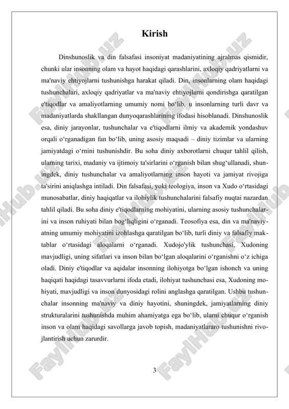 qalar esa, uning mavjudligini rad etish yoki uning mavjudligini inson tafakkurining chegaralari bilan cheklashga intiladi. xudoning sifatlari va uning inson bilan bog’liqligi masalalari ham din falsafasining muhim qismi bo’lib, bu sifatlar, odatda, ilohiylikning abadiyati, hamdardligi, adolati va mehribonligi kabi xususiyatlarni o’z ichiga oladi. din falsafasida muhokama qilinadigan boshqa muhim tushuncha – ilohiyot (teologiya) va uning inson hayotidagi roli. bu tushuncha, inson va xudo munosabatlarining mohiyatini, diniy haqiqatlarni va diniy amaliyotlarning ma’nosini tahlil qilishga qaratilgan. bu soha orqali insonlarning diniy e’tiqodlarining asoslari, ularning mantiqiy va falsafiy fundamentlari o’rganiladi. masalan, diniy haqiqatlarning ishonchliligi, ularning inson tafakkuriga mos kelishi yoki kelmasligi, va ularning amaliy hayotdagi ahamiyati muhokama qilinadi. shuningdek, din falsafasida teosofiya tushunchasi muhim o’rin tutadi. bu tushuncha, diniy va ma’naviy qadriyatlarning umumiy mohiyatini izohlashga harakat qiladi va turli diniy va falsafiy maktablar o’rtasidagi aloqalarni tushunishga yordam beradi. teosofiya, insonning ma’naviy rivojlanishi va ilohiyotga bo’lgan tasavvurlarni kengaytirishga intiladi, shuningdek, diniy tafakkur va falsafa …