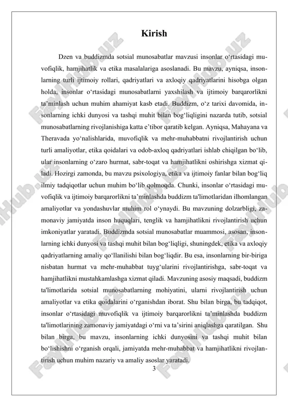 ddizmi ayniqsa, amaliyot va fikrlash usullari orqali insonlarning ichki dunyosini boyitishga qaratilgan. dzen ta'limotlarida, ayniqsa, muvofiqlik va hamjihatlikni rivojlantirish uchun, insonlarning o‘zaro hurmat va sabr-toqat bilan munosabatda bo‘lishi muhimdir. bu amaliyotlar, masalan, meditatsiya va ongni rivojlantirish texnikalari, insonlarni o‘zaro mehr-muhabbat va tushunishga chaqiradi. shuningdek, buddizmda etika va axloqiy qadriyatlarning amaliy qo‘llanilishi orqali, insonlar o‘rtasida ijobiy aloqalar o‘rnatish mumkin. bu esa, nafaqat shaxsiy ruhiy rivojlanishga, balki ijtimoiy muhitdagi muvofiqlik va barqarorlikka ham xizmat qiladi. hozirgi zamonda, buddizm qadriyatlari, ayniqsa, psixologiya va ijtimoiy fanlar sohasida keng muhokama qilinmoqda. ushbu qadriyatlar insonlarning o‘zaro muvofiqligini ta'minlashda, tenglik va hamjihatlikni rivojlantirishda muhim rol o‘ynaydi. ular, shuningdek, inson huquqlari va erkinliklarini hurmat qilish, jamiyatdagi ijtimoiy adolat va barqarorlikni ta’minlash uchun asos bo‘lib xizmat qiladi. buddizmda sotsial munosabatlarni rivojlantirish uchun ishlab chiqilgan amaliyotlar va yondashuvlar, zamonaviy jamiyatda ham, insonlar o‘rtasida muvofiqlik va hamjihatlikni mustahkamlash uchun muhimdir. bu qadriyatlarning amalda qo‘llanilishi, insonlarning o‘zaro tushunishi va hamjihatlikni rivojlantirishda muhim …