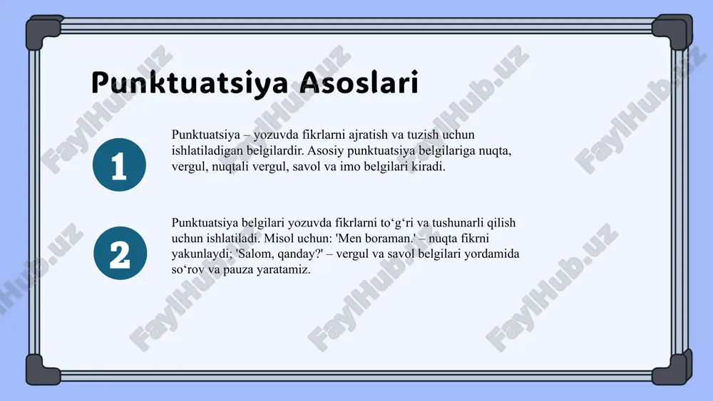 shqlar va tinglab tushunish texnikalari bor. bu usullar yordamida o'qish va yozish mahorati rivojlanadi. o'qish samaradorligini oshirish uchun punktuatsiya qoidalariga rioya qilish muhim. bu, matnni tezroq va to'g'ri tushunishga yordam beradi, shuningdek, yozma va og'zaki ifoda sifatini yaxshilaydi. darsliklarda punktuatsiya tahlili punktuatsiya tahlilining maqsadi darsliklardagi yozuv uslubini va belgilarining to‘g‘ri qo‘llanilishini baholashdir. bu jarayon orqali matn aniq va tushunarli bo‘lib, o‘quvchilarning tushunishi oshadi. usullarga grammatik va stilistik tekshirish, belgilarning mosligini aniqlash kiradi. natijalarda kamchiliklar aniqlanib, tavsiyalar ishlab chiqiladi. punktuatsiya tushunchasi punktuatsiya yozuvda ma'lumotning to'g'ri tushunilishi va oqish uchun muhim bo'lgan qoidalar to'plamidir. bu yozuvdagi ajratuvchi belgilar, masalan, nuqta, vergul va so'zlarni ajratish uchun ishlatiladi. punktuatsiya matnning ma'nosini aniqlashga yordam beradi va o'qish jarayonini soddalashtiradi. o'qituvchilar uchun, uni to'g'ri tushuntirish va har bir belgining ma'nosini ko'rsatish muhimdir, chunki bu o'quvchilarning yozuv va tushunish qobiliyatini rivojlantiradi. punktuatsiya belgilarini o'rgatish usullari punktuatsiya belgilarini o'rgatishda vizual materiallardan foydalanish muhim. misollar bilan amaliy mashg'ulotlar o'tkazish, …
