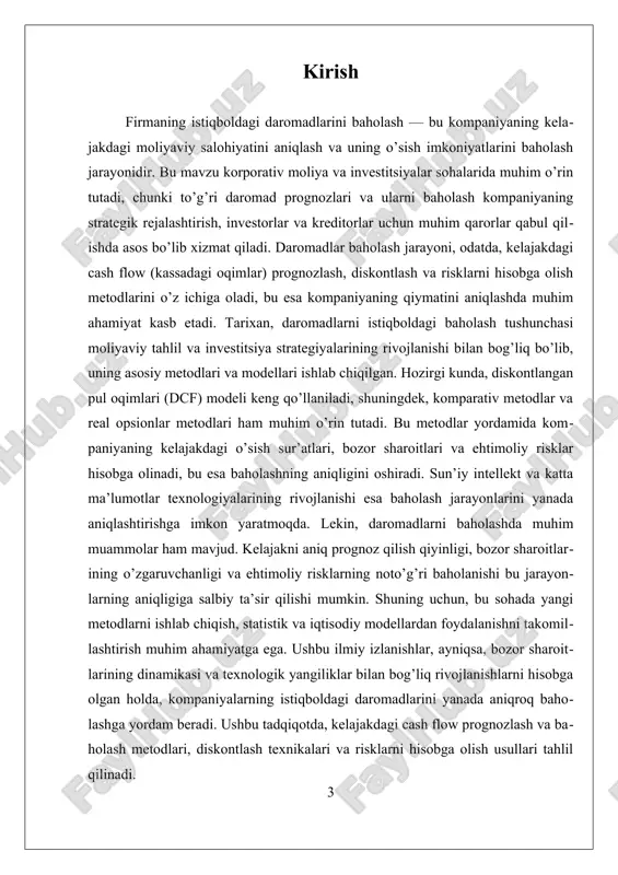 aniyaning kapitallari uchun talab qilingan yillik yillik daromadlik (kravt) o‘rnatiladi va bu stavka yordamida kelajakdagi oqimlarning hozirgi qiymati hisoblanadi. bu metodning asosiy afzalligi — u kelajakdagi oqimlarning vaqt va risklarni hisobga olgan holda, real qiymatini aniqlash imkonini beradi. boshqa metodlar, masalan, bozor qiymati asosida baholash yoki real opsionlar metodlari, ham keng qo‘llaniladi, ammo ular odatda dcf metodiga nisbatan murakkabroq va ma'lumotlar talablari yuqori bo‘ladi. kelajakdagi cash flow prognoz qilishda ehtimollik taqsimotlari va risklarni hisobga olish muhim rol o‘ynaydi. bozor sharoitlarining o‘zgaruvchanligi, iqtisodiy muhitdagi noaniqliklar va kompaniyaning ichki muammolari kelajakdagi oqimlarni prognoz qilishda xatoliklarni yuzaga keltirishi mumkin. shu sababli, ehtimollik metodlari, masalan, monte-karlo simulyatsiyalari yoki ehtimollik taqsimotlari yordamida, kelajakdagi daromadlarni ehtimollik bilan baholash tavsiya etiladi. bu yondashuvlar kelajakdagi oqimlar uchun turli holatlarni qamrab oladi va risklarni yanada aniqroq hisobga olish imkonini beradi. misol uchun, yirik kompaniyalar o‘z kelajakdagi daromadlarini prognoz qilishda, bozor o‘sish sur’atlari, raqobatchilar faoliyati va iqtisodiy tendensiyalarni tahlil qiladilar. …
