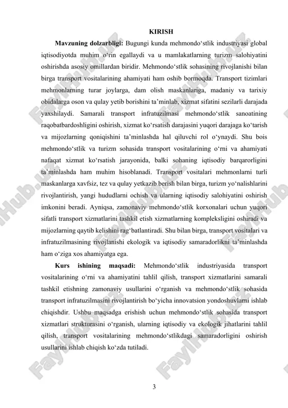 yonlarni tashkil etish va boshqarish metodlari. kurs ishining predmeti: mehmondo‘stlik industriyasida transport xizmatlarini tashkil etish usullari, transport vositalarining turizm xizmatlariga ta’siri va xizmat sifatini oshirishga qaratilgan yondoshuvlar. kurs ishining metodologik asosi: kurs ishida turizm va transport sohasi nazariyasi hamda amaliyotiga asoslangan, iqtisodiy, ekologik va texnologik tamoyillarni birlashtirgan integratsiyalashgan yondashuvlar qo‘llaniladi. bu orqali mehmondo‘stlikda transport xizmatlarini samarali tashkil etishning zamonaviy usullari aniqlanadi. kurs ishining amaliy ahamiyati: mehmondo‘stlik sohasida transport vositalarining samarali boshqaruvi va infratuzilmasini rivojlantirish orqali xizmat sifatini oshirish, mijozlarning qoniqishini ta’minlash hamda sohaning raqobatbardoshligini oshirish imkoniyatlari yaratiladi. bu esa, o‘z navbatida, turizm salohiyatining oshishiga, iqtisodiy o‘sishga va ijtimoiy rivojlanishga hissa qo‘shadi. kurs ishining tarkibiy tuzilishi va hajmi: mazkur kurs ishi kirish, ikki bob, olti bo‘lim, xulosalar, foydalanilgan adabiyotlar ro‘yxatidan tashkil topgan. i-bob ekskursiya maskanlari va ularning turizmdagi ahamiyati 1.1. ekskursiya maskanlari tushunchasi va ularning turlari. ekskursiya maskanlari tushunchasi va ularning turlari haqida to‘liq tushuncha berish uchun, avvalo, ekskursiyaning o‘zi nima …