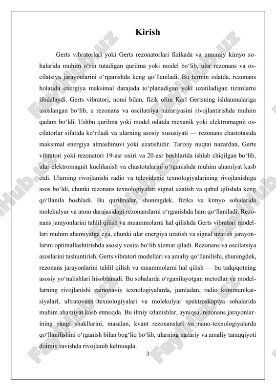 periodic bo‘ladi. oscilatsiya jarayonlari, odatda, potentsial energiya va kinetik energiya o‘zaro konvertatsiya qilinishi bilan xarakterlanadi. mexanik osilatorda, masalan, silliq silliq yoki krestonka holatida, energiya doimo bir holatdan ikkinchi holatga o‘tib turadi. elektromagnit osilatorda, masalan, radio to‘lqinlari yoki ultratovush signallari shaklida, energiya elektromagnit to‘lqinlar orqali uzatiladi. rezonans va oscilatsiya jarayonlarining o‘zaro bog‘liqligi shundan iboratki, rezonans jarayoni odatda, oscilatsiyaning bir shakli bo‘lib, unda energiya maksimal darajada to‘planadi yoki uzatiladi. rezonans chastotasi — bu osilatordan maksimal energiya almashinuvi yuzaga keladigan chastotadir. bu jarayonlarni tushunish uchun, fizika va kimyo sohalarida turli modellardan foydalaniladi, xususan, gerts vibratorlari yoki rezonatorlari, ular tashqi ta’sir va tabiiy chastotalar o‘rtasidagi muvofiqlikni ta’minlaydi. rezonans va oscilatsiya nazariyasining asosiy tamoyillari, shuningdek, matematik modellash orqali ham aniqlanadi. masalan, differential tenglamalar yordamida osilatatorlarning harakati ifodalanadi, va ularga rezonans sharoitida yechimlar topiladi. bu yerda, tizimning harakatining amplitudasi va fazasi, tashqi kuchlar va tizimning tabiiy xususiyatlariga bog‘liq bo‘ladi. rezonans jarayonining muhim xususiyatlaridan biri — chastota …