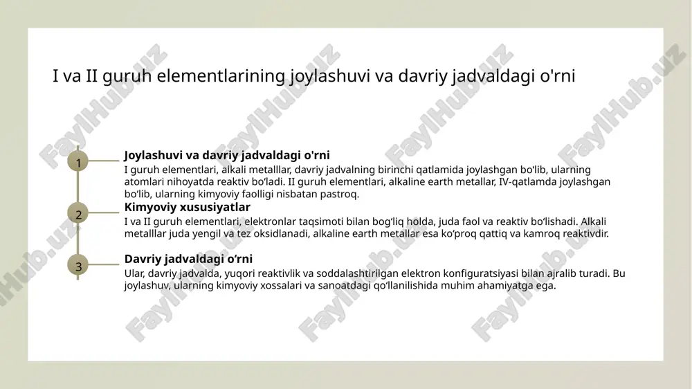 valda joylashgan joyiga qarab, ularning oksidlanish holati, metall yoki metall bo'lmagan xususiyatlari aniqlanadi. i va ii guruh elementlarining o'zaro ta'siri va ularning tabiatdagi roli 01 kimyoviy o'zaro ta'sir i guruh elementlari (alkali metallar) va ii guruh elementlari (alkali yer metal) o'rtasida kimyoviy reaksiyalar yuzaga kelishi mumkin, ular birgalikda yangi birikmalar hosil qilishi mumkin. bu ta'sirlar tabiiy muhitda muhim rol o'ynaydi, masalan, mineral shakllanishida. 02 tabiiy shakllanish bu elementlar tabiatda erkin holatda emas, balki turli minerallar va birikmalar shaklida mavjud. ular odatda suvda eriydigan yoki mineral tuzlar sifatida topiladi, bu esa ularning tabiiy muhitdagi muhim rolini belgilaydi. 03 kimyoviy reaktivlik alkali va alkaline earth metallari juda reaktiv bo'lib, ular odatda suv bilan tezkor reaksiyaga kirishadi. bu xususiyat ular bilan kimyoviy jarayonlarda, sanoatda va ekologiyada muhim ahamiyatga ega. 04 sanoatdagi ahamiyati bu elementlar sanoatda keng qo'llaniladi, masalan, alkali metallari akkumulyatorlar, kimyo sanoati va metallurgiyada, alkaline yer metallari esa qurilish va kimyo ishlab …