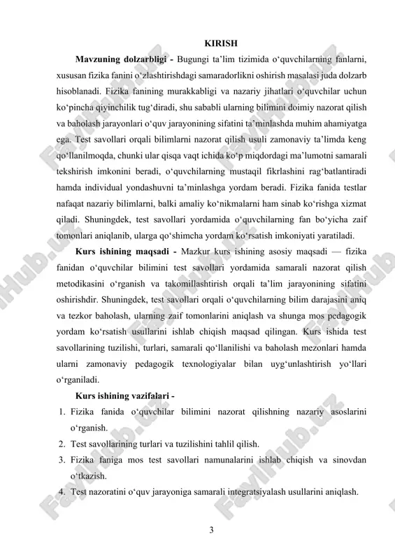 mini test savollari orqali nazorat qilishning metodikasi va o‘ziga xos jihatlari. kurs ishida test savollarining mazmuni, tuzilishi, baholash mezonlari, shuningdek, ularni ta’lim jarayonida samarali qo‘llash usullari o‘rganiladi. predmet sifatida test savollarining ta’lim jarayonidagi roli, ularning interaktiv shakllari va o‘quvchilarning o‘zlashtirish darajasini oshirishdagi ahamiyati ham tahlil qilinadi. kurs ishining metodologik asosi - kurs ishida zamonaviy pedagogik yondashuvlar, faol o‘qitish usullari, interaktiv va kompetensiyaviy metodlar asos qilib olinadi. test nazoratini tashkil etishda didaktik printsiplar, ta’lim maqsadlariga muvofiq baholash usullari, shuningdek, informatika va axborot-kommunikatsiya texnologiyalarining imkoniyatlari qo‘llaniladi. amaliy qismda test savollarini yaratish va ulardan foydalanish tajribalari ham inobatga olinadi. kurs ishining amaliy ahamiyati - test savollari orqali bilimni nazorat qilish o‘quv jarayonini yanada tizimli va samarali qiladi. o‘quvchilarning bilim darajasini aniq, tezkor va obyektiv baholash imkoniyati ta’lim sifatini oshirishga xizmat qiladi. shu bilan birga, test nazorati o‘quvchilarning zaif tomonlarini aniqlab, ularni tuzatish uchun qo‘shimcha ish olib borishga yordam beradi. o‘qituvchilar uchun esa bu …