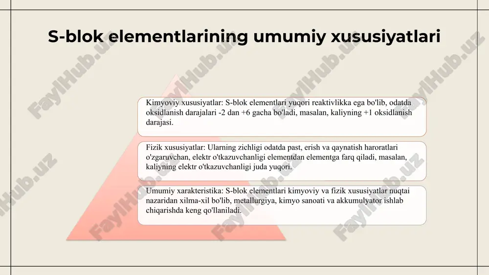 xarakteriga ega. s-blok elementlarining guruhlari va ularning farqlari asosiy guruhlar 1 va 2, ular kation hosil qilishga moyil. masalan, litiy, natriy, kaliy, magniy, kaltsiy, va ular kimyoviy xususiyatlarda farq qiladi. s-blok elementlarining turlari s-blok elementlari asosiy ikki turga bo'linadi: alkalin metallari va alkalin yer metallari. ular reaktivligi, fizik va kimyoviy xususiyatlari bilan ajralib turadi. natriy, kaliy, beriliy kabi alkalin metallari juda reaktiv bo'lib, suyuqlik va gaz holatida bo'lishi mumkin. ularning fizik xususiyatlari, masalan, yumshoq va metallar bilan yaxshi bog'lanadi. s-blok elementlari o'rtasida kimyoviy o'zaro ta'sirlar mavjud, masalan, nacl tuzi, bu yerda na va cl ionlari issiq bilan bog'langan. ular kovalent va ion bog'lari bilan bog'liq bo'lishi mumkin. 1 2 3 alkalin metallari alkalin metallari li, na, k, rb, cs va fr elementlaridan iborat. ularning fizik xususiyatlari: yumshoq, engil, yuqori reaktivlik va past erish nuqtasi. kimyoviy xususiyatlari: yuqori reaktivlik, valent elektronlar, oksidlanish tendentsiyasi va suv bilan reaksiyada vodorod gazini chiqaradi. ularning …