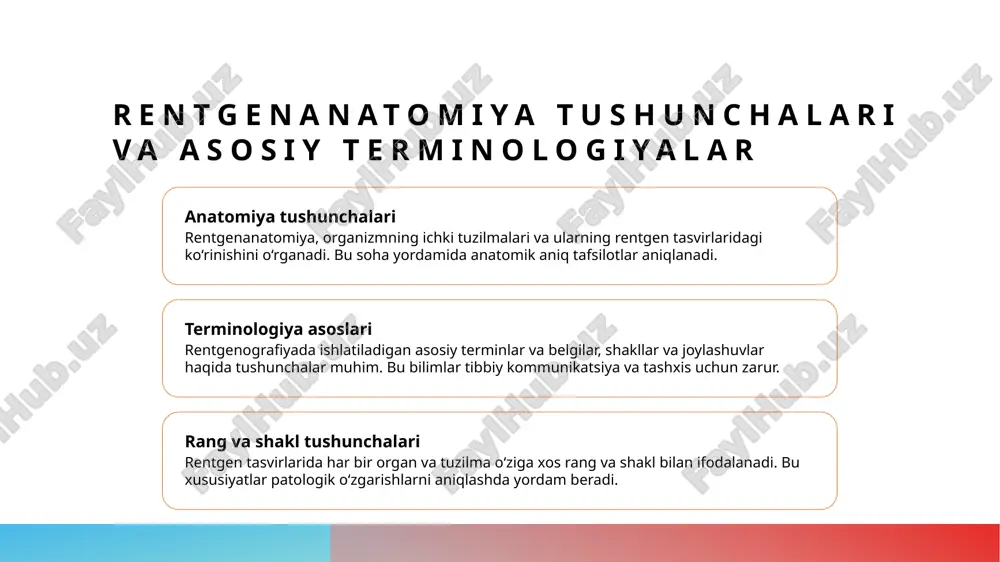 sonlarining joylashuvi hamda shakli aniqlanadi, bu diagnostikaning asosiy qismidir. 3 genetik va klinik tekshiruvlar - ba’zan, genetik tekshiruvlar va klinik baholash, konjenital nuqsonlarning turlarini aniqlashda muhim rol o‘ynaydi, ayniqsa, boshlang‘ich bosqichda. 4 zamonaviy texnologiyalar - endoskopiya va 3d rentgen texnologiyalari, rivojlanish nuqsonlarini aniqlashda aniqlikni oshiradi va davolash rejasini tuzishda yordam beradi. rivojlanish nuqsonlari va ularning klinik ahamiyati: rentgenologik ko‘rinishlar 1 anomaliyalar turi - rivojlanish nuqsonlari turli shakllarda bo‘lib, ba’zan ichki organlarning noto‘g‘ri joylashuvi yoki shakl o‘zgarishlariga olib keladi, ular rentgenografiyada aniq ko‘rinadi. 2 xususiyatlari - bu nuqsonlarning ko‘pincha belgilari shish, o‘sma yoki deformatsiyalar bilan ifodalanadi, ular rentgen tasvirlarida aniq aniqlanadi va tibbiy muolajalarni belgilaydi. 3 klinik ta’siri - rivojlanish nuqsonlari turli darajada simptomlar keltirib chiqaradi, ayrimlar asimptomatik bo‘lib, boshqalar esa ovqat hazm qilish yoki boshqa funksiyalarni buzadi. 4 diagnostika usullari - rentgen, kt va mri kabi tasvirlash texnologiyalari rivojlanish nuqsonlarini aniqlashda muhim rol o‘ynaydi, ular aniq va erta tashxis uchun …