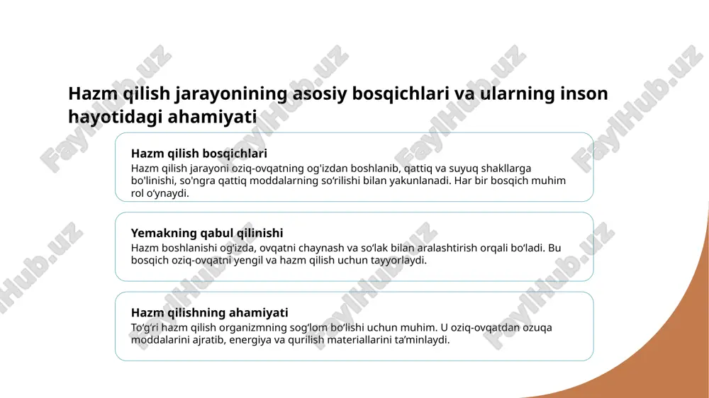 i faollashtiradi, ular yordamida organizm ichki va tashqi muhitdan ozuqa elementlarini samarali olib, foydalanadi. hazm qilish jarayonida enzymlarning faoliyati va ularning ishlash mexanizmi 1 enzim faoliyati enzymlar biologik katalizatorlar bo‘lib, hazm qilish jarayonida oziq-ovqat moddalarini parchalaydi. ular substrat bilan bog‘lanib, reaktsiyalarni tezlashtiradi. 2 ishlash mexanizmi enzymlar substratga mos keladigan aktiv maydon orqali bog‘lanadi, so‘ngra kimyoviy reaksiyani amalga oshiradi va mahsulotni ajratadi. bu jarayon energiya tejamkor bo‘ladi. 3 regulyatsiya va optimal sharoitlar enzimlar faoliyati ph, harorat va substrat konsentratsiyasiga bog‘liq. to‘g‘ri sharoitlar ularning samaradorligini oshiradi va hazm qilishni boshqaradi. enzymlar va oziq-ovqat moddalari: sog‘liq va ovqatlanishdagi ahamiyati 1 enzimlarning roli enzymlar hazm qilish jarayonida ovqatni qismlarga ajratib, ularning organizm tomonidan oson singdirilishini ta'minlaydi. ular oshqozon va ichaklarda faoliyat yuritadi. 2 oziq-ovqat moddalari oziq-ovqat tarkibidagi uglevodlar, yog‘lar va oqsillar enzimalar yordamida parchalab, energiya va qurilish materiallariga aylantiriladi. 3 sog‘liqdagi ta'siri to‘g‘ri enzimlar va moddalarning mavjudligi sog‘lom hazm qilishni ta’minlaydi, oshqozon-ichak muammolarini oldini …