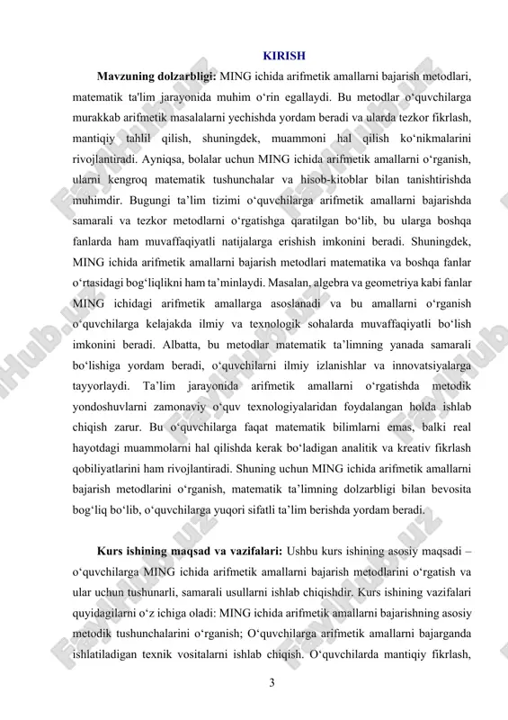 shi kurs ishining predmetini tashkil etadi. bu metodlar orasida, misol uchun, tenglamalarni yechish, arifmetik ifodalarni soddalashtirish, sonlar bilan ishlash va boshqa zaruriy arifmetik operatsiyalarni o‘rganish mavjud. mavzuning o`rganilishi: ming ichida arifmetik amallarni bajarish metodlari qadimdan o‘rganilgan bo‘lib, arifmetik usullar va amallarni bajarish matematik tafakkurning asosiy elementlaridan hisoblanadi. tarixan, arifmetik amallarni bajarish uchun ishlatilgan metodlar rivojlanib, o‘quvchilarga qiyinlashtirilgan masalalarni yechishda yordam berdi. ming ichida arifmetik amallarni o‘rgatish, o‘quvchilarga murakkab matematik masalalar, tenglamalar va ifodalar bilan ishlashni o‘rgatishda muhim vosita bo‘lib xizmat qiladi. o‘quvchilarning arifmetik amallarni to‘g‘ri bajarish bo‘yicha ko‘nikmalarini shakllantirish, ularni kelajakdagi matematik va ilmiy fanlarga tayyorlashda yordam beradi. i-bob ming ichida arifmetik amallar va ularning o‘rganishning nazariy asoslari. 1.1. arifmetik amallarni o‘rganish va ularning dastlabki tushunchalari. arifmetik amallarni o‘rganish, matematik bilimlarni shakllantirishda muhim o‘rin tutadi. arifmetika fanining asosiy bo‘g‘ini sifatida, bu soha nafaqat matematik hisobotlar va hisob-kitoblar, balki mantiqiy fikrlash, analitik tafakkur va muammolarni yechish qobiliyatlarini rivojlantirishga ham katta hissa …