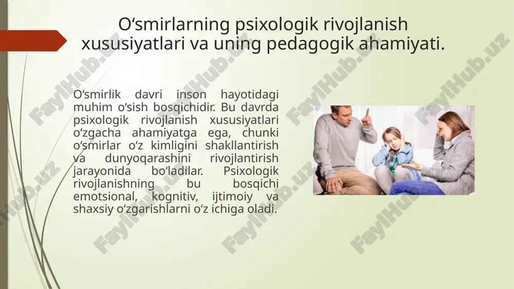 rlar uchun do‘stlar va ijtimoiy guruhlar muhim ahamiyatga ega, chunki ular o‘smirlarning ijtimoiy moslashuvini osonlashtiradi. o‘smirlarning emotsional va kognitiv rivojlanishi: o‘rganish va ta’limga ta’siri. emotsional rivojlanish o‘smirlarning o‘zini anglash, his-tuyg‘ularini boshqarish va boshqa odamlar bilan muloqot qilish ko‘nikmalarini o‘z ichiga oladi. o‘smirlar o‘z his-tuyg‘ularini tushunishda va ifodalashda qiyinchiliklarga duch kelishlari mumkin. biroq, ular bu davrda o‘z hissiyotlarini boshqarishni o‘rganishadi, bu esa ta’lim jarayonida ijobiy o‘zgarishlarga olib keladi. masalan, o‘smirlar sinfdagi darslarga e’tibor berish va o‘z his-tuyg‘ularini tartibga solish orqali yanada samarali o‘rganishlari mumkin. ular emotsional barqarorlikka erishgan sari, o‘rganish jarayoni osonlashadi va o‘zlashtirish darajasi oshadi. kognitiv rivojlanish esa o‘smirlarning fikrlash va tushunish qobiliyatining shakllanishi bilan bog‘liqdir. bu davrda o‘smirlar abstrakt fikrlash, mantiqiy tahlil qilish, savollarni o‘rganish va yangi bilimlarni olish imkoniyatiga ega bo‘ladilar. ularning fikrlash qobiliyati rivojlanishi, o‘rganish usullarini o‘zgartirish, muammolarni hal qilish va o‘qish jarayonini samarali tarzda tashkil etishga yordam beradi. o‘smirlar tez-tez savollar berishadi, bu esa ular uchun …