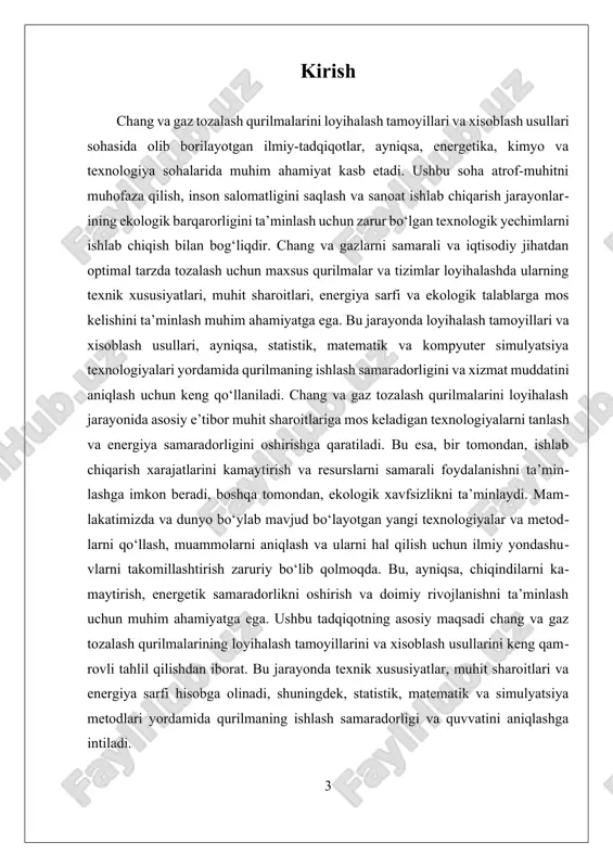 statistika va matematik modellash yordamida, qurilmaning quvvati, xizmat muddati va texnik parametrlarining optimal diapazoni aniqlanadi. masalan, filtrlarning qattiqligi va o‘lchamlari, gaz yoki chang oqimining tezligi va bosimi xisoblanadi. bu usullarda statistik tahlil va regressiya modellari muhim ahamiyatga ega bo‘lib, ular yordamida qurilmaning ish faoliyatini prognoz qilish mumkin. bundan tashqari, kompyuter simulyatsiya texnologiyalari — cfd (computational fluid dynamics) kabi metodlar, gaz oqimining harakatini va tozalash jarayonining samaradorligini aniq ko‘rsatadi. bu texnologiyalar yordamida, loyihalash bosqichida, turli dizayn variantlari sinovdan o‘tkaziladi va eng optimal yechim tanlanadi. yana bir muhim jihat — muhit sharoitlariga mos keladigan xisoblash metodlari. misol uchun, issiq va nam muhitda ishlash uchun maxsus modellash usullari ishlab chiqiladi. bu usullarda, qurilmaning energiya sarfi, issiqlik va namlik muhitga ta’siri hisobga olinadi. shuningdek, ekologik talablar doirasida, chiqindilarni kamaytirish uchun, chiqindi gazlar va changning miqdori, ular bilan bog‘liq zararli moddalar xisoblanadi. bu xisoblashlar, ekologik standartlar va normativlarga muvofiqlikni ta’minlash uchun muhimdir. mavzuning dolzarbligi shundaki, …
