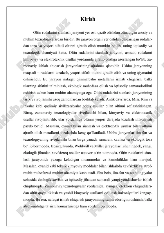 iq. cyanidli texnologiyalar atrof-muhitga zarar yetkazmaslik uchun maxsus xavfsizlik choralari va chiqindilarni tozalash tizimlari bilan birga qo‘llanadi. zamonaviy usullardan biri — elektrotexnik metodlar, xususan, wohlwill jarayoni. bu jarayonda, eritilgan oltin ionlari elektr tok yordamida elektrodda to‘planadi va yuqori tozalikka erishiladi. wohlwill jarayoni 99.99% tozalikka yetadigan oltin olish imkonini beradi va ayniqsa, yuqori sifat talab qilinadigan mahsulotlar uchun qo‘llaniladi. miller jarayoni esa, gazli klor yordamida, oltinni 99.5% darajasida tozalash uchun ishlatiladi, bu usul ham keng tarqalgan. shuningdek, qadimgi usullardan biri — kupallatsiya jarayoni, bunda mis yoki boshqalar bilan aralashtirilgan rudalar issiqlik va oksidlanish yordamida oltinni ajratib olish uchun ishlatiladi. bu usul asosan, mis bilan birga ishlatiladi va rudadagi asosiy metallarning oksidlanishini ta’minlaydi. oltin rudalarini sianlash jarayonining muvaffaqiyati va samaradorligi uchun kimyo, metallurgiya va ekologiya sohalarining o‘zaro aloqasi muhim ahamiyatga ega. har bir usulning o‘zining afzalliklari va kamchiliklari bo‘lib, ularni tanlash rudaning kimyoviy tarkibi, mahsulot sifatiga va ekologik talablarga bog‘liq bo‘ladi. masalan, …