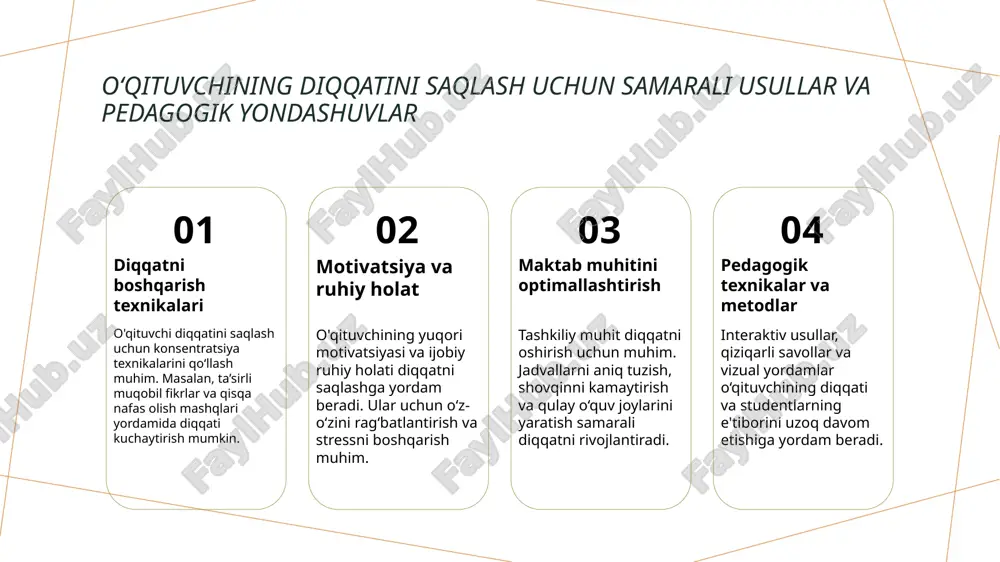 a videolar yordamida tushunchalarni vizual tarzda taqdim etish, o‘quvchilarning diqqatini jalb qilish va tushunishni kuchaytiradi. 03 amaliy mashg‘ulotlar theoretical bilimlarni amaliy vazifalar bilan bog‘lab, o‘quvchilarga diqqatni saqlash va mahoratlarni rivojlantirish imkonini yaratadi. 04 motivatsiya va rag‘batlantirish o‘quvchilarning muvaffaqiyatlarini tan olish va maqsadga erishish uchun rag‘batlantirish usullarini qo‘llash, diqqatni oshirishga turtki bo‘ladi. diqqatni rivojlantirish uchun interaktiv dars metodlari 1 oʻzaro faoliyat interaktiv darslarda o‘quvchilarni muhokama, guruh ishlari va muammolar yechimi orqali faol ishtirok etishga undirish, diqqatni oshiradi va fikrlash qobiliyatini rivojlantiradi. 2 texnologik vositalar ta’limda interaktiv texnologiyalar, masalan, onlayn platformalar, simulyatorlar va interaktiv taqdimotlar yordamida diqqatni ushlab turish va motivatsiyani oshirish mumkin. eʼtibor va motivatsiya o‘rtasidagi bogʻliqlik 1 eʼtibor va motivatsiya oʼrtasidagi bogʻliqlik eʼtibor va motivatsiya bir-biri bilan chambarchas bogʻliq bo‘lib, motivatsiya eʼtiborni kuchaytiradi va ta’lim jarayonida yanada samarali bo‘lishiga yordam beradi. 2 motivatsiya eʼtiborni oshiradi motivatsiya yuqori bo‘lsa, o‘quvchilarning diqqatini saqlash va ularni darsga faol qatnashishga undash osonlashadi, bu esa …