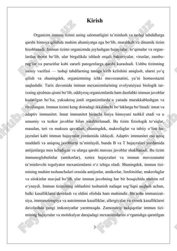 shilash va xususiylashtirilgan davolash metodlarini rivojlantirish mumkin bo‘ladi. shu tariqa, bu ilmiy izlanish immun tizimining murakkab va ajralmas bo‘lagi bo‘lgan organizmni himoya qilish mexanizmini chuqur tushunishga qaratilgan bo‘lib, uning rivojlanishi va amaliy qo‘llanilishi uchun muhim asos bo‘lib xizmat qiladi. i. asosiy immun tizimining tuzilishi va funksiyalari asosiy immun tizimining tuzilishi va funksiyalari organizmning ichki muhofazasida muhim rol o’ynaydigan murakkab va dinamik tizimdir. immun tizimining asosiy vazifasi – tashqi va ichki yaroqsizliklarni, ya’ni patogenlar, zararli mikroblar, viruslar, bakteriyalar, funguslar va parazitlar kabi hujumlarni aniqlash va yo’q qilishdir. bu tizim, shuningdek, tananing ichki muvozanatini saqlash, ya’ni homeostazni ta’minlash bilan ham shug’ullanadi. immun tizimi nafaqat tashqi tahdidlarga qarshi kurashadi, balki organizmning o’z hujayralari va to’qimalarini himoya qilish, autoimmun jarayonlarni oldini olish hamda allergik reaktsiyalarni nazorat qilish kabi funksiyalarni ham bajaradi. immun tizimi asosan ikki bo’limga ajratilgan: innate (xushmuomala) va adaptive (moslashuvchan) immunitet. innate immunitet – bu organizmning birinchi va tezkor javobidir. u odatda …