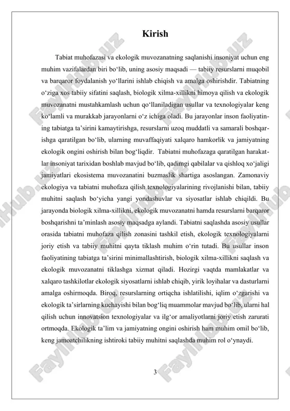 va ekologik tozalikka e’tibor qaratish bor. bu tamoyillar ekologik siyosat va qonunchilikda mustahkamlangan bo‘lib, ular asosida tabiatni muhofaza qilish uchun amaliy choralar amalga oshiriladi. masalan, ekologik toza texnologiyalarni joriy etish, qishloq xo‘jaligida ekologik usullarni qo‘llash va qayta tiklash ishlarini amalga oshirish kabi usullar bilan tabiat muhofazasiga erishiladi. shuningdek, tabiatni muhofaza qilish tamoyillari inson va tabiat o‘rtasidagi muvozanatni saqlashga qaratilgan bo‘lib, bu jarayonda jamiyatning ongini oshirish va ekologik ta’lim muhim rol o‘ynaydi. jamiyatda ekologik ongni rivojlantirish, ekologik bilimlarni keng jamoatchilik orasida tarqatish va ekologik mas’uliyatni kuchaytirish orqali, tabiiy muhitning barqarorligini ta’minlash mumkin. bu yondashuvlar orqali, inson faoliyatining ekologik ta’siri kamayib, tabiiy resurslar ehtiyotkorlik bilan foydalaniladi. tabiat muhofazasining tamoyillari va tushunchalarining amaliy asoslari, ekologik siyosatlar va strategiyalar orqali davlatlar va xalqaro tashkilotlar tomonidan qo‘llab-quvvatlanadi. bu esa, tabiiy muhitni saqlash va barqaror rivojlanishni ta’minlash uchun global miqyosda muhim ahamiyat kasb etadi. xulosa qilib aytganda, tabiati muhofaza qilish tamoyillari va tushunchalari, inson va tabiat …