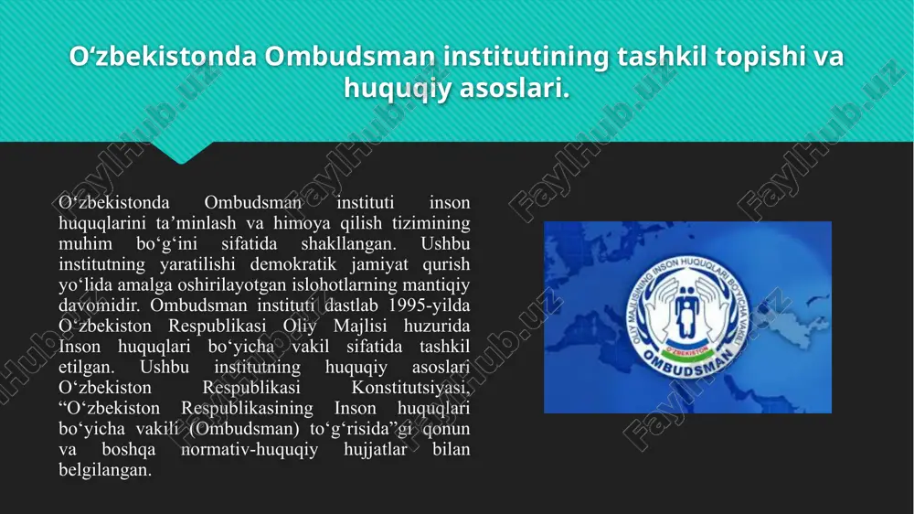fuqarolarni davlat organlari tomonidan olib borilayotgan harakatlar yoki qarorlar bilan bog‘liq xatoliklardan himoya qilish, ular huquqlarini buzilishining oldini olish, va barcha fuqaro toifalarining teng huquqligini ta’minlash mavjud. ombudsman institutining amaliy natijalari ko‘plab mamlakatlarda ijobiy tahlil qilingan. misol uchun, inson huquqlarining ta’minlanishi, davlat organlari bilan fuqarolar o‘rtasidagi ishonchning oshishi va boshqaruv tizimining shaffofligi kabi sohalarda samarali natijalar ko‘rsatilgan. ombudsman tomonidan chiqarilgan qarorlar va tavsiyalar, odatda, davlat organlari uchun muhim yo‘riqnomalar sifatida xizmat qiladi. ularning faoliyati orqali jamoatchilikning fikrini inobatga olish, davlatning huquqiy madaniyatini yuksaltirishga yordam beradi. rivojlanish istiqbollari bo‘yicha, ombudsman institutining yanada mustahkamlanishi va davlat organlari bilan hamkorlikda ishlashning yanada samarali tizimiga o‘tish zarur. bu, fuqarolarni himoya qilish tizimini kuchaytirish, shuningdek, davlatning yuksak darajadagi qonun ustuvorligini ta’minlashga yordam beradi. bundan tashqari, ombudsmanlarning jamoat tashkilotlari va xalqaro tashkilotlar bilan hamkorligini rivojlantirish orqali xalqaro tajriba va eng yaxshi amaliyotlarni o‘rganish, shuningdek, mamlakat ichida huquqiy va ijtimoiy adolatni yanada chuqurlashtirish mumkin. bu tizimning samaradorligini …