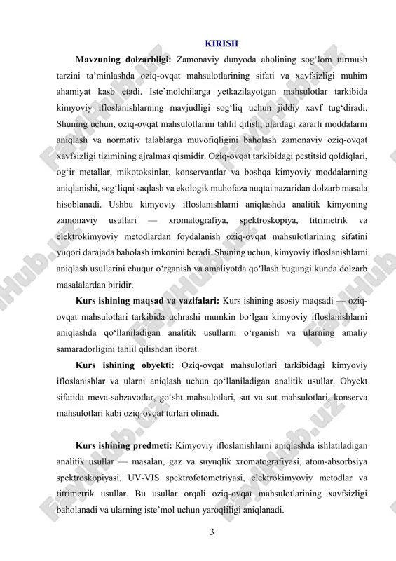 nilishi ilmiy-amaliy yondoshuvni kengaytiradi. i-bob oziq-ovqat mahsulotlari tarkibidagi kimyoviy ifloslanishlar. 1.1. oziq-ovqatdagi kimyoviy ifloslanishlarning kelib chiqish manbalari va ularning inson salomatligiga ta’siri. oziq-ovqat mahsulotlarining xavfsizligi inson salomatligini saqlashda muhim omil hisoblanadi. so‘nggi yillarda oziq-ovqat tarkibida uchrayotgan kimyoviy ifloslanishlar inson sog‘lig‘iga jiddiy xavf tug‘dirayotgan muhim masalalardan biriga aylangan. kimyoviy ifloslanishlar turli manbalardan kelib chiqadi va ularning oziq-ovqat mahsulotlariga tushishi turlicha yo‘llar bilan sodir bo‘ladi. kimyoviy ifloslanishlarning asosiy manbalaridan biri bu qishloq xo‘jaligida qo‘llaniladigan pestitsidlar, o‘g‘itlar va boshqa kimyoviy moddalar hisoblanadi. bu moddalar o‘simliklar o‘sishini tezlashtirish, zararkunandalarga qarshi kurashish yoki hosildorlikni oshirish maqsadida qo‘llaniladi. ammo bu moddalar me’yoridan ortiqcha ishlatilganda yoki noto‘g‘ri saqlanganda oziq-ovqatlarga o‘tib, inson organizmiga salbiy ta’sir ko‘rsatadi. shuningdek, oziq-ovqat sanoatida mahsulotni saqlash muddatini uzaytirish yoki ta’m va rangini yaxshilash uchun ishlatiladigan konservantlar, sun’iy bo‘yoqlar va aromatizatorlar ham kimyoviy ifloslanishlar sirasiga kiradi. ularning haddan tashqari ishlatilishi allergik reaksiya, gormonal buzilishlar, hatto saraton kasalliklariga olib kelishi mumkin. atrof-muhit ifloslanishi ham oziq-ovqatdagi …