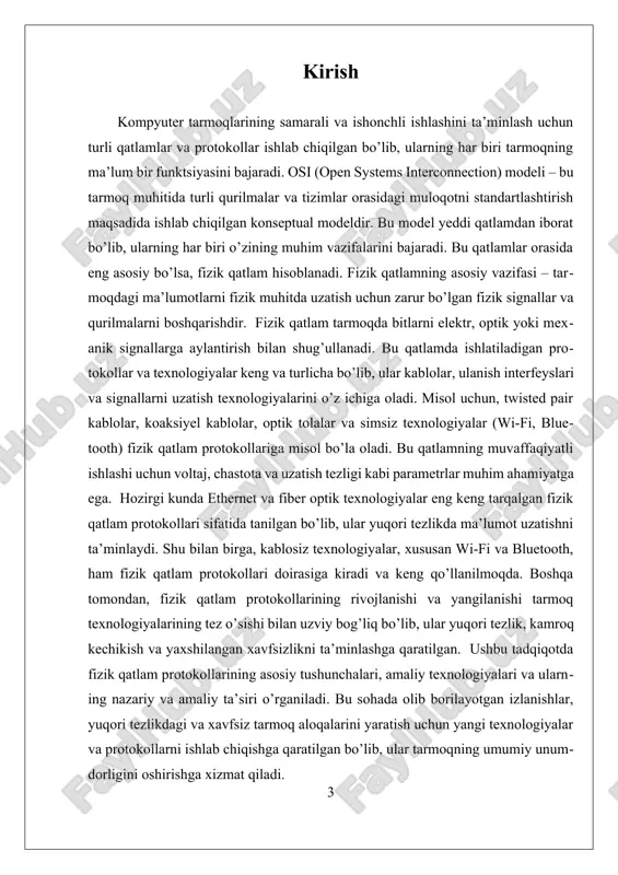rotokoli, ayniqsa, fizik satrda juda keng tarqalgan protokol bo‘lib, u lan tarmoqlarida ma’lumotlarni uzatish uchun standart hisoblanadi. ethernet texnologiyasi, asosan, twisted pair kablolar bilan ishlaydi va synchronous digital hierarchy (sdh), fiber channel kabi texnologiyalar bilan ham bog‘liq. bu protokol, bitlarni elektr signallar shaklida uzatadi va ma’lumotlarni kodlash, sinxronizatsiya qilish, fazoviy va vaqt bo‘yicha boshqarishni o‘z ichiga oladi. fiber optik texnologiyalar, ayniqsa, yuqori tezlik va kengaytirilgan masofalar uchun mo‘ljallangan bo‘lib, ular optik signallar yordamida ma’lumotlarni uzatadi. fiber optikada signalning uzatilishi, yorug‘lik impulslarining yoritilishi va qabul qilinishiga asoslangan bo‘lib, bu texnologiya elektromagnit to‘lqinning shovqinga chidamliligi va yuqori ma’lumot uzatish tezligini ta’minlaydi. bu texnologiya, ayniqsa, yirik korporativ tarmoqlarda va internet infratuzilmasida keng qo‘llaniladi. shuningdek, simsiz texnologiyalar ham fizik satr protokollari qatoriga kiradi. masalan, wi-fi va bluetooth texnologiyalari, elektromagnit signallar yordamida ma’lumotlarni uzatadi. ular, har xil muhitda va sharoitda ishlashga moslashgan bo‘lib, mobil qurilmalar va shaxsiy qurilmalar uchun keng tarqalgan. fizik satr protokollarining asosiy …