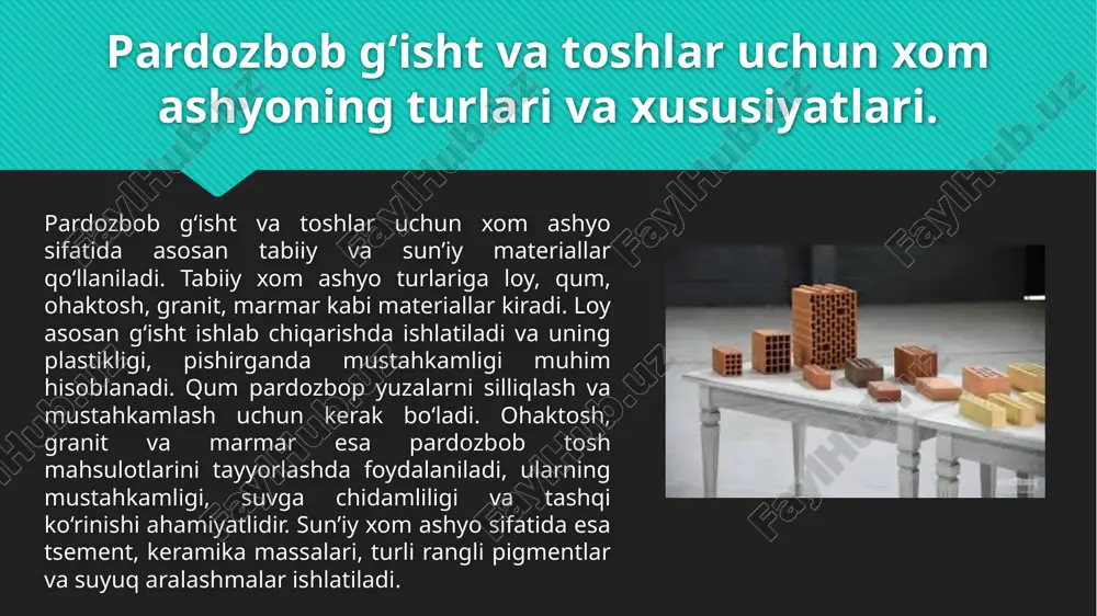 gi, bir-biriga bog‘lanish darajasi, hamda materialning pishish darajasi nazorat qilinadi. bundan tashqari, materiallarga maxsus kimyoviy moddalar qo‘shilishi mumkin. masalan, tosh pardozlarining mustahkamligini oshirish uchun rangli pigmentlar yoki qurituvchi moddalar ishlatiladi. dastlabki ishlov berish jarayonida xom ashyoning pishirish yoki quritish sharoitlari ham juda muhim. xom ashyoning sifatiga ta’sir etuvchi omillar va saqlash shartlari. xom ashyo tarkibidagi minerallar va boshqa moddalar uning sifatiga bevosita ta’sir ko‘rsatadi. masalan, g‘isht ishlab chiqarishda ishlatiladigan loyning tarkibidagi loyish, gips, kremniy oksidi va temir oksidi kabi moddalarning nisbati uning mustahkamligini, elastikligini va suvsizlanish darajasini belgilaydi. agar tarkibda ortiqcha miqdorda keraksiz moddalar bo‘lsa, mahsulotning mustahkamligi pasayadi yoki ko‘proq namlikni o‘zlashtiradi, bu esa materialning sifatiga salbiy ta’sir ko‘rsatadi. xom ashyo sifatiga ta’sir etuvchi yana bir omil — materialning fiziko-kimyoviy xususiyatlari. masalan, qumning zarralari o‘lchami va shakli, loyning plastiklik darajasi, ohaktoshning o‘zgarmasligi va rangining saqlanishi kabi faktlar material sifatiga bevosita ta’sir qiladi. shuningdek, materialning pishish va quritish sharoitlari ham mahsulot …