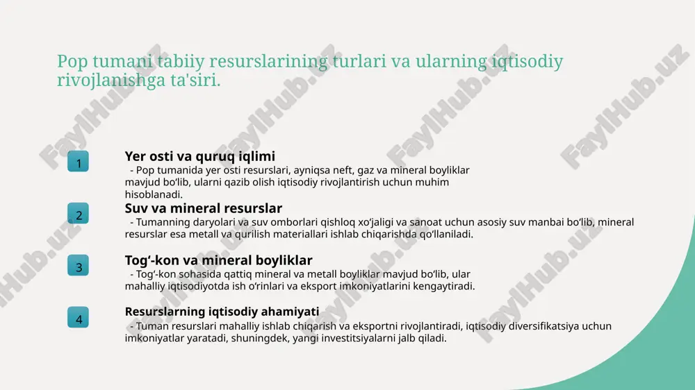 rbanizatsiya sur'ati yuqori bo'lib, qishloqlardan shahar hududlariga ko'chish davom etmoqda, bu infratuzilma va xizmatlar talabini oshiradi. 3 shaharlar rivojlanishi - pop tumanida asosiy shaharlar aholining ko'payishi bilan kengayib, yangi turar joylar, sanoat va savdo markazlari paydo bo'lmoqda. 4 aholi oqimi va ta'siri - shaharlar va qishloqlar o'rtasidagi aholi oqimi iqtisodiy faoliyat va xizmatlar sohasida yangi imkoniyatlar yaratadi, ammo muvozanatni saqlash muhim. demografik o'zgarishlar va iqtisodiy rivojlanishga ta'siri demografik tendentsiyalar pop tumanida yoshlarning ulushi oshib, ishchi kuchi va iste'mol bozoriga ijobiy ta'sir ko'rsatmoqda, bu esa iqtisodiy rivojlanishni qo'llab-quvvatlaydi. aholi o'sishi va iqtisodiyot aholi o'sishi bilan ishlab chiqarish va xizmatlar sohalariga talab ortadi, bu esa yangi ish o'rinlari va investitsiyalar uchun imkoniyatlar yaratadi. gender va yosh guruhlari aholining gender va yosh bo'yicha tarkibi iqtisodiy imkoniyatlarni belgilaydi, yoshlar va ayollar uchun yangi faoliyat tarmoqlari rivojlanishi muhim ahamiyat kasb etadi. aholi o'sishi va mehnat resurslarining taqsimoti 1 aholi o'sishi tendentsiyalari pop tumanida aholi o'sishi …