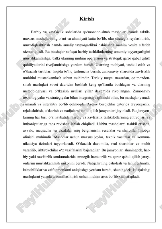 vaziyatlarni hisobga olgan holda ishlab chiqiladi, bu esa mashqlarning strategik muhimligini oshiradi. tashkil etish bosqichida, mashq uchun maxsus joylar, texnik vositalar va kommunikatsiya tizimlari tayyorlanadi. bu bosqichda, shuningdek, xavfsizlik choralariga ham alohida e’tibor qaratiladi. mashq jarayonida, ko‘p hollarda, tashkilotlarning kommunikatsiya va muvofiqlashtirish imkoniyatlari sinovdan o‘tkaziladi, bu esa, real sharoitda faoliyat yuritishda muhim ahamiyat kasb etadi. o‘tkazish jarayonida, reja asosida, barcha ishtirokchilar o‘z vazifalarini bajaradilar, strategik qarorlar qabul qiladilar va muhitga moslashadilar. natijalarni baholash va tahlil qilish bosqichida, mashq yakunida yig‘ilgan ma’lumotlar, baholar va fikrlar asosida, tashkilotlarning kuchli va zaif tomonlari aniqlanadi. bu, kelajakdagi mashqlarda takomillashtirish uchun muhim asos bo‘lib xizmat qiladi. natijalar tahlili, odatda, yozma hisobotlar va prezentatsiyalar shaklida taqdim etiladi, bu esa, strategik rejalashtirish jarayonining uzluksiz rivojlanishini ta’minlaydi. shu bilan birga, har bir bosqichda, xalqaro amaliyotlar va ilg‘or metodologiyalarni kuzatish va ulardan foydalanish muhim ahamiyatga ega. bu, nafaqat, tashkilotlarning tayyorgarlik darajasini oshiradi, balki, xavfsizlik muhitida muhim rol o‘ynaydi. yakuniy …