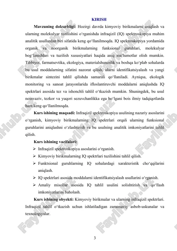 fsizlik sohalarida muhim ahamiyat kasb etadi. kurs ishining tarkibiy tuzilishi va hajmi: mazkur kurs ishi kirish, ikki bob, sakkiz bo‘lim, xulosa va foydalanilgan adabiyotlar ro‘yxatidan iborat. i-bob infraqizil spektroskopiyaning nazariy asoslari va usullari. 1.1. infraqizil spektrlarning kimyoviy birikmalar tuzilmasini aniqlashdagi ahamiyati. infraqizil (ir) spektral tahlil kimyoviy birikmalar tuzilmasini o‘rganishda muhim analitik usullardan biri hisoblanadi. bu metod molekulalarda mavjud bo‘lgan kimyoviy bog‘larning tebranish holatlarini aniqlash orqali ularning tarkibi va tuzilmasi haqida muhim ma’lumotlar beradi. har bir kimyoviy bog‘ muayyan chastotada tebranadi va bu chastotalar infraqizil sohada o‘ziga xos yutilish chiziqlarini hosil qiladi. shu sababli, har bir bog‘ yoki funksional guruh ir spektrda noyob yutilish diapazoniga ega bo‘ladi. infraqizil spektral tahlil yordamida birikmada qanday funksional guruhlar mavjudligini aniqlash mumkin. masalan, oh, nh, ch, co kabi guruhlarning yutilish diapazonlari aniq va yaxshi o‘rganilgan. bu orqali murakkab organik birikmalar tarkibidagi bog‘larni, molekula simmetriyasini va hatto izomerlik holatlarini farqlash mumkin bo‘ladi. ir spektrlar yordamida nafaqat …
