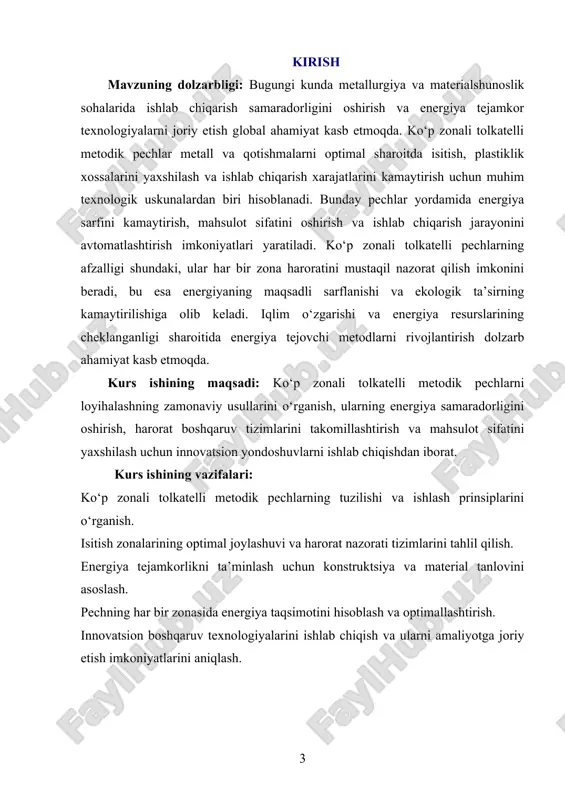 halash orqali metall va qotishmalarni isitish jarayonida energiya sarfini kamaytirish, mahsulot sifatini oshirish va ishlab chiqarish xarajatlarini pasaytirish imkoniyatlari yaratiladi. shu bilan birga, ishlab chiqarish jarayonlarida ekologik xavflarni kamaytirish va barqaror rivojlanish tamoyillarini ta’minlashga xizmat qiladi. kurs ishining tarkibiy tuzilishi va hajmi: mazkur kurs ishi kirish, ikki bob, sakkiz bo‘lim, xulosalar, foydalanilgan adabiyotlar ro‘yxatidan tashkil topgan. i-bob ko‘p zonali to‘lkatelli metodik pechlar va ularning tizimi. 1.1. ko‘p zonali to‘lkatelli pechlarning ahamiyati va qo‘llanilish sohasi. zamonaviy sanoatda ishlab chiqarish jarayonlarining samaradorligini oshirish va mahsulot sifatini yaxshilash maqsadida turli xil texnologik uskunalar keng qo‘llanilmoqda. shu uskunalar qatorida ko‘p zonali to‘lkatelli pechlar alohida o‘ringa ega. bu pechlar materiallarni belgilangan harorat rejimida, aniqlik bilan va ketma-ket zonalarda issiqlik bilan ishlov berish imkonini beradi. ularning asosiy xususiyati - har bir zona mustaqil ravishda boshqarilishi, kerakli harorat va atmosfera sharoitlarini ta’minlashi mumkinligidadir. shu sababli, ko‘p zonali to‘lkatelli pechlar ko‘plab sanoat tarmoqlarida, ayniqsa metallurgiya, mashinasozlik, elektronika va …