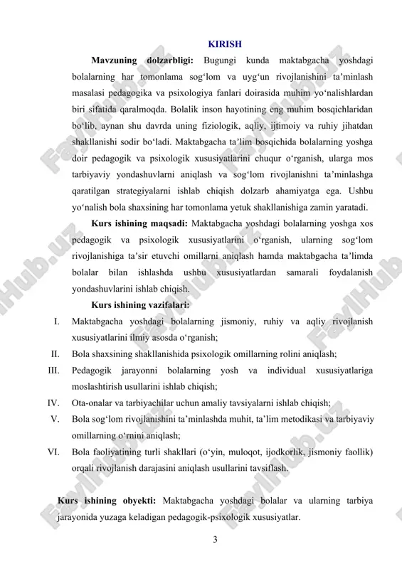 urs ishining metodologik asosi: kurs ishi pedagogika, psixologiya, tibbiyot, gigiyena va sotsiologiya sohalarining asosiy nazariy tamoyillari hamda amaliy metodlariga tayangan holda amalga oshiriladi. unda ilmiy izlanish, kuzatuv, psixologik tahlil, tajriba o‘tkazish, statistik tahlil kabi metodlardan foydalaniladi. shuningdek, zamonaviy ta’lim texnologiyalari asosida o‘quv-tarbiyaviy jarayonni optimallashtirish yondoshuvi ustuvor ahamiyat kasb etadi. kurs ishining amaliy ahamyati: ushbu ish natijalari maktabgacha ta’lim tashkilotlarida ishlayotgan tarbiyachilar, psixologlar, ota-onalar uchun muhim uslubiy tavsiyalarni taqdim etadi. bolaning individual rivojlanish sur’atiga mos tarzda pedagogik yondashuvni tanlash, sog‘lom muhit yaratish, bola shaxsini to‘laqonli rivojlantirish bo‘yicha samarali strategiyalarni ishlab chiqishda foydali bo‘ladi. shuningdek, maktabgacha ta’limdagi sog‘lom rivojlanish konsepsiyasini amaliyotga tatbiq etishga xizmat qiladi. i bob. maktabgacha yoshdagi davrning pedagogik va psixologik xususiyatlari. 1.1. maktabgacha yoshdagi bolalarning yoshga doir pedagogik xususiyatlari. maktabgacha yoshdagi bolalar o‘ziga xos rivojlanish bosqichida bo‘lib, ularning psixik, jismoniy va aqliy o‘sishi bir-biriga chambarchas bog‘liqdir. bu davrda bola tashqi muhitdagi hodisalarni idrok etish, o‘rganish va o‘zlashtirishga nihoyatda qiziquvchan …