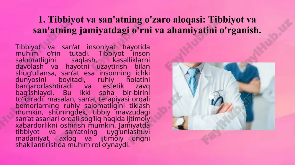 layotgan tovushlar orqali o‘zlarini erkin his qiladilar. bu jarayon ularning dardini unutishga, o‘z-o‘ziga bo‘lgan ishonchni tiklashga xizmat qiladi. ayniqsa, onkologik yoki uzoq muddatli davolanishni talab qiluvchi kasalliklarda san’at terapiyasi ruhiy quvvat manbai bo‘lib xizmat qiladi. shu sababli, zamonaviy tibbiyotda san’at — ruhiy salomatlikni qo‘llab-quvvatlovchi muhim davolovchi vosita sifatida tan olinmoqda. 3. san'at va tibbiyotning rivojlanishi: tibbiyot sohasidagi yutuqlar va san'at orqali ilmiy kashfiyotlarni ifodalash.. tarixda san’at va tibbiyot bir-birini boyitgan va rivojlantirgan ikki muhim soha sifatida namoyon bo‘lgan. ilk davrlarda inson tanasi tuzilishini o‘rganish san’at asarlarida, ayniqsa, rassomchilikda o‘z ifodasini topgan. leonardo da vinchi kabi olim-rassomlar anatomiya ilmini chuqur o‘rganib, uni grafik tasvirlar orqali ifodalagan. bugungi kunda ham tibbiyot sohasidagi kashfiyotlar – organlar transplantatsiyasi, genetik muhandislik, neyrotexnologiyalar va sun’iy a’zolar yaratish kabi yutuqlar – san’at vositasida keng ommaga tushunarli qilib yetkaziladi. san’at va tibbiyotning rivojlanishi insoniyat taraqqiyotining ajralmas qismlaridan biridir. tibbiyotdagi har bir ilmiy yutuq – inson tanasining murakkabliklarini, kasalliklarning …