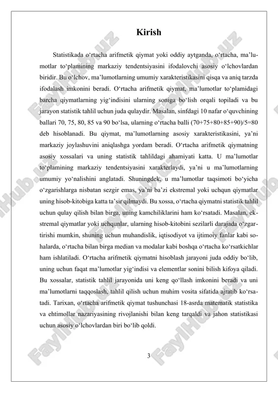atan kichik bo‘ladi. bu xossalar, statistik tahlil uchun muhim bo‘lib, u ma'lumotlarning asosiy xarakteristikasini aniqroq ifodalash imkonini beradi. oʻrtacha arifmetik qiymatni hisoblash uchun, faqatgina ma'lumotlar yig‘indisi va elementlar sonini bilish kifoya qiladi. bu esa, statistik amaliyotda, uni tez va oson hisoblash imkonini beradi. bundan tashqari, o‘rtacha qiymatni ishlatishda, ma'lumotlarning tarqalishini yoki dispersiyasini ko‘rsatadigan boshqa statistik ko‘rsatkichlar, masalan, dispersiya yoki standart og‘ish, bilan birga ishlatilishi tavsiya etiladi, chunki u ma'lumotlarning tarqalishi haqida ham muhim ma'lumotlar beradi. oʻrtacha arifmetik qiymat, hozirgi kunda, iqtisodiyot, muhandislik, ijtimoiy fanlar, tabiiy fanlar va ishlab chiqarish sohalarida keng qo‘llaniladi. masalan, ishlab chiqarish sifatini nazorat qilishda, iqtisodiy tahlillarda, so‘rovnomalar va statistik so‘rovlar natijalarini tahlil qilishda, shuningdek, ta’lim va sog‘liqni saqlash sohalarida ham u muhim ahamiyatga ega. bu qiymat, statistik ma’lumotlarni taqqoslash va umumiy xarakteristikasini aniqlash uchun asosiy vosita sifatida xizmat qiladi. shu bilan birga, o‘rtacha arifmetik qiymatning kamchiliklari ham mavjud. u ekstremal qiymatlar yoki uchqunlar (outliers) ta'siriga juda …