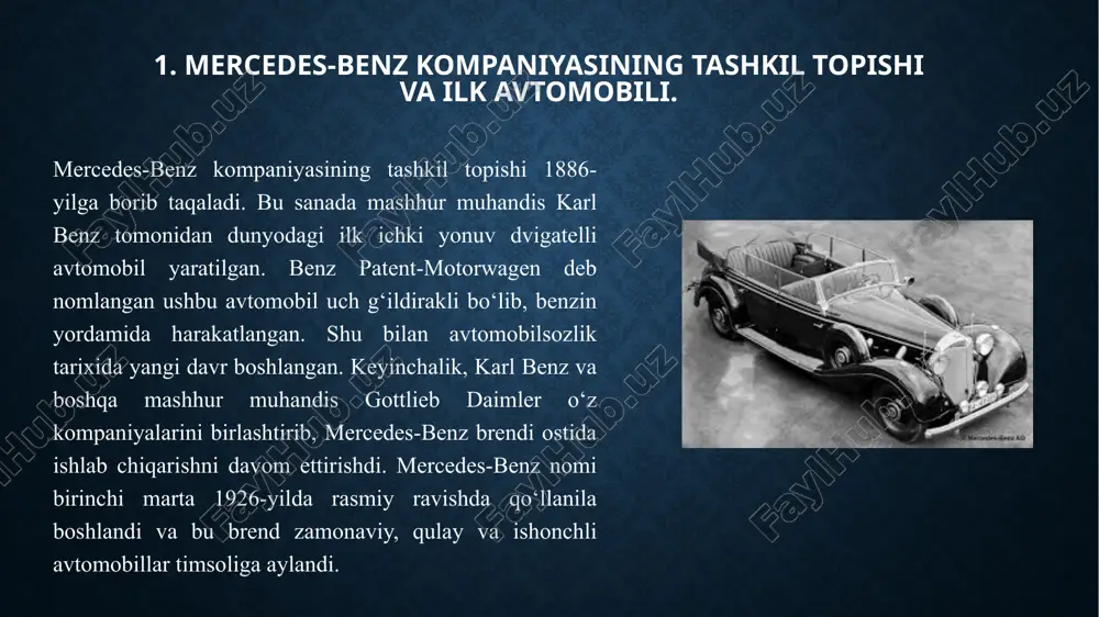 larga erishdi. 1926-yilda benz & cie va daimler-motoren-gesellschaft kompaniyalarining birlashishi bilan mercedes-benz rasmiynig tashkil topdi. shu tariqa, brend avtomobilsozlik sohasida o‘zining yuqori sifatli va innovatsion mahsulotlari bilan ajralib turadigan kompaniyaga aylandi. 1936-yilda mercedes-benz birinchi o‘ziga xos to‘liq yig‘ilgan avtomobillarini ishlab chiqdi. bu avtomobillar o‘z davri uchun yuqori tezlikda harakatlanuvchi va xavfsizlik tizimlari bilan ta’minlangan edi. 3. zamonaviy mercedes-benz texnologiyalari va modellari. zamonaviy mercedes-benz texnologiyalari va modellari avtomobil sanoatining ilg‘or innovatsiyalarini o‘z ichiga oladi. mercedes-benz brendi nafaqat yuqori sifatli va qulay avtomobillarni taqdim etadi, balki ular bilan birga yangi texnologiyalarni ham joriy qiladi. bugungi kunda mercedes-benzning eng asosiy texnologik yutuqlaridan biri – avtonom haydash tizimlari. bu tizimlar, sun’iy intellekt yordamida, avtomobillarni o‘z-o‘zini boshqarishga imkon beradi. avtomobillar o‘zaro aloqa qilib, yo‘l harakati va xavfsizlikni optimallashtirishga yordam beradi. mercedes-benzning elektromobillar bo‘yicha ham katta muvaffaqiyatlari mavjud. eq brendi ostida ishlab chiqarilgan yangi modellar, masalan, eqs va eqb, yuqori samaradorlik va ekologik tozalikka ega. bu …