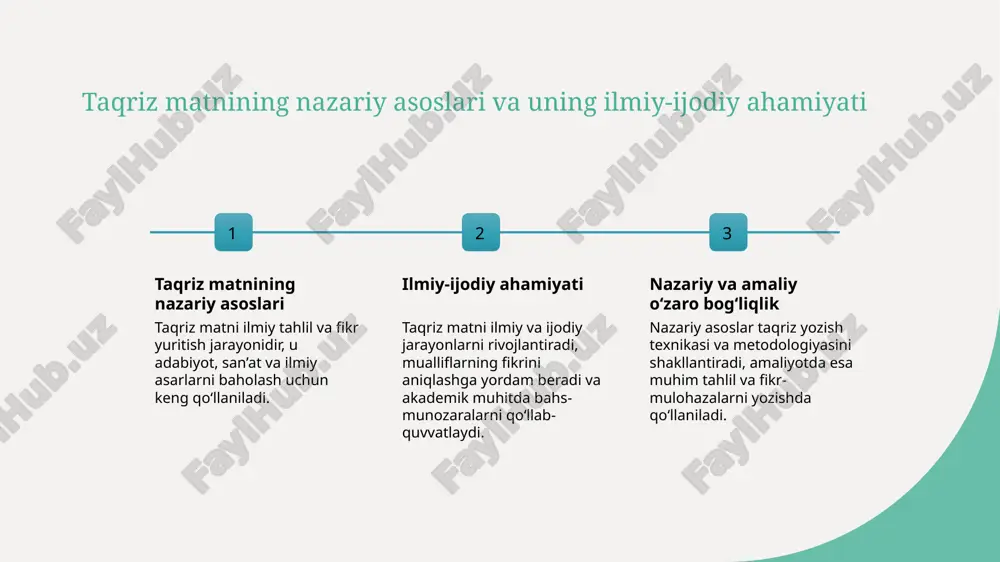 madaniy va ilmiy integratsiya madaniy va ilmiy kontekstda taqriz yozishda, milliy madaniyat elementlari va ilmiy metodlarni uyg‘unlashtirish, yozilgan matnlarning keng qamrovli va ishonchli bo‘lishini ta’minlaydi. o‘zbekiston madaniy kontekstida taqriz matnining tarixiy va zamonaviy ahamiyati 1 tarixiy rivojlanish o‘zbekiston madaniy kontekstida taqriz matni tarix davomida adabiyot, ilm-fan va san'at sohalarida fikr-mulohazalar yozish uchun muhim vosita bo‘lib kelgan. 2 zamonaviy ahamiyati bugungi kunda taqriz matni muhim ilmiy va madaniy jarayonlarni baholash, yoritish va rivojlantirishda, akademik hamda ijodiy muhitda keng qo‘llaniladi. 3 madaniy o‘ziga xosliklar o‘zbekiston madaniyatida taqriz matni milliy an'analarga, yozuv uslublariga va fikrlash tarziga mos ravishda shakllanib, o‘ziga xos xususiyatlar hosil qilgan. madaniyat va an'analar doirasida taqriz matnining shakllanishi va rivojlanishi madaniy va an'anaviy asoslar rivojlanish jarayonlari madaniy xususiyatlar va o‘ziga xosliklar taqriz matnining shakllanishi madaniyat va an'analarga bog‘liq bo‘lib, yozuvchilarning tarixiy va madaniy merosini aks ettiradi, an'ana va qadriyatlarni saqlaydi. taqriz matni madaniyat va an'analardagi o'zgarishlarga moslab rivojlanib, yangi fikrlar …