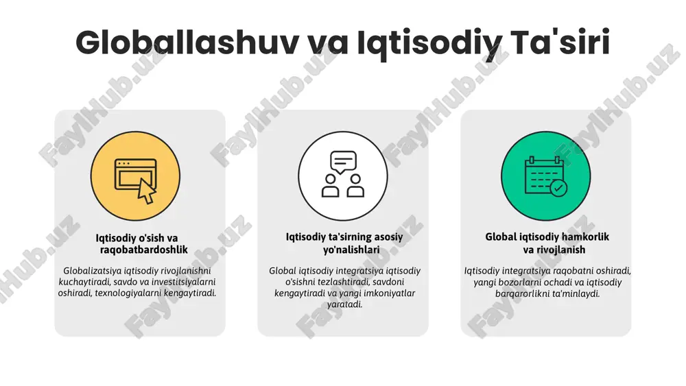 tengsizlikning oshishi mumkin. shu sababli, siyosat va strategiyalar muvofiqlashtirilishi muhimdir. salbiy oqibatlar globallashuv mahalliy sanoatning raqobatbardoshligini yo'qotishiga olib keladi, chunki mahalliy kompaniyalar global kompaniyalar bilan raqobatlasha olmay qolishi mumkin. bu esa ish o'rinlarining qisqarishiga va iqtisodiy muammolarga sabab bo'ladi. shuningdek, globallashuv madaniy o'ziga xoslikni yo'qotish xavfi bilan birga keladi. mahalliy madaniyatlar global ta'sirlar ostida o'zining an'anaviyligini yo'qotishi mumkin, bu esa milliy identifikatsiya va madaniy boylikning kamayishiga olib keladi. globallashuv va iqtisodiy o'sish globallashuv iqtisodiy o'sishga sezilarli ta'sir ko'rsatadi. u investitsiyalarni oshiradi, yangi ish o'rinlari yaratadi va iqtisodiy integratsiyani rivojlantiradi. bu jarayonlar mamlakatlarning global bozorlar bilan bog'lanishini kuchaytiradi va iqtisodiy barqarorlikni ta'minlaydi. globallashuv madaniy almashuvni kengaytiradi, yangi madaniyatlar bilan tanishishni ta'minlaydi. madaniy almashuv va ta'siri global madaniyat elementlari mahalliy an'analar bilan aralashib, yangi urf-odatlar shakllanadi. mahalliy an'analar va global madaniyat ba'zan, global ta'sir mahalliy madaniyatning o'ziga xosligini yo'qotilishiga olib kelishi mumkin. madaniy o'zgarishlar va muammolar globallashuv va madaniy o'zgarishlar 01 02 …