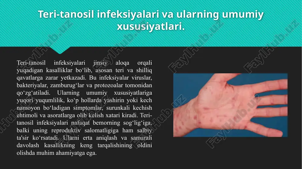 adi. zaxmni treponema pallidum ismli bakteriya qo‘zg‘atadi. bu kasallik jinsiy yo‘l bilan yuqadi va ona bolasiga ham yuqishi mumkin. zaxmning birinchi belgilari genital hududda og‘riqsiz yara (shankr) paydo bo‘lishi bilan boshlanadi. agar davolanmasa, kasallik yurak, asab tizimi va boshqa organlarga zarar yetkazishi mumkin. zaxmni davolashda odatda penitsillin kabi antibiotiklar qo‘llanadi. so‘zakni esa neisseria gonorrhoeae bakteriyasi qo‘zg‘atadi. u jinsiy yo‘l bilan yuqadi va ona bolaning tug‘ilishi vaqtida ham yuqishi mumkin. so‘zakning asosiy belgilari og‘riq, noqulaylik va genital hududdan oqishdir. davolash uchun antibiotiklar kerak bo‘ladi. teri-tanosil infeksiyalarining klinik belgilari va kechishi. zaxm kasalligi treponema pallidum bakteriyasi tomonidan qo‘zg‘atiladi, u organizmga shilliq qavatlar orqali kiradi va butun tana bo‘ylab tarqaladi. so‘zak kasalligi esa neisseria gonorrhoeae bakteriyasi bilan yuzaga keladi, bu bakteriya jinsiy a'zolar, siydik chiqarish yo‘llari va ko‘z shilliq qavatini zararlaydi. xlamidioz infeksiyasining qo‘zg‘atuvchisi chlamydia trachomatis bo‘lib, u ko‘pincha yashirin tarzda rivojlanadi va reproduktiv tizimga zarar yetkazadi. mikoplazmoz mycoplasma hominis va mycoplasma genitalium …