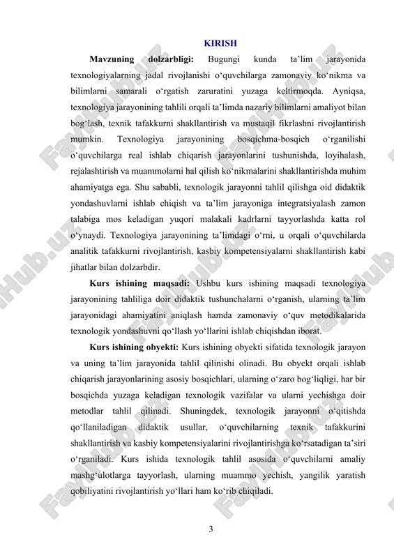 iruvchi vosita hamdir. ta’lim jarayonida texnologiyaning o‘rni va roli alohida ahamiyat kasb etadi. ayniqsa, zamonaviy pedagogik texnologiyalar o‘qituvchi va o‘quvchi o‘rtasidagi o‘zaro muloqotni takomillashtirish, bilimlarni samarali o‘zlashtirish, mustaqil fikrlash ko‘nikmasini shakllantirishda muhim vosita bo‘lib xizmat qiladi. didaktika — bu o‘qitish nazariyasi bo‘lib, texnologiyaning didaktik jihatdan ahamiyatini ochib berishda muhim o‘rin tutadi. didaktik nuqtai nazardan texnologiya deganda ta’limning mazmuni, maqsadi, uslubi va vositalari bir-biriga uyg‘un holda tizimli yondashuvda tashkil etilgan o‘qitish jarayoni tushuniladi. texnologiyaning didaktik ahamiyati, avvalo, ta’lim jarayonini tizimli, aniq va bosqichma-bosqich amalga oshirish imkoniyatida namoyon bo‘ladi. har bir mavzuni rejalashtirish, o‘qitish usulini tanlash, natijalarni baholash texnologik yondashuv yordamida takomillashadi. masalan, multimedia texnologiyalari yordamida darslarni qiziqarli, interaktiv shaklda tashkil etish mumkin. shu orqali o‘quvchilarning darsga bo‘lgan qiziqishi ortadi, ularning bilimlarni mustahkamlab olish imkoniyatlari kengayadi. interaktiv ta’lim texnologiyalari esa o‘quvchilarning faolligini oshirib, ularni fikr yuritishga, muammoni tahlil qilishga, echim topishga o‘rgatadi. texnologik yondashuvlar o‘qituvchining ham mehnatini yengillashtiradi. an’anaviy usullarda ko‘proq vaqt …