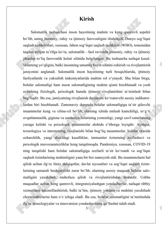 ni taklif etadi. bu modellarga asoslangan yondashuvlar, ayniqsa, sog‘liqni saqlash siyosatlari va dasturlarni ishlab chiqishda muhim ahamiyat kasb etadi. bolalar salomatligi esa, ayniqsa, uning rivojlanish bosqichlariga mos ravishda fiziologik, psixologik va ijtimoiy ehtiyojlarni qondirish bilan bog‘liqdir. bolalar salomatligi insonning kelajakdagi umri davomida sog‘lom va farovon bo‘lishining asosidir. zamonaviy davrda bolalar salomatligiga ta’sir qiluvchi muammolar juda xilma-xil bo‘lib, ular orasida emlash kamchiligi, noto‘g‘ri ovqatlanish, gigiena va sanitariya muammolari, yangi xavf-xatarlar, shuningdek, psixologik muammolar keng tarqalgan. bu muammolar, ayniqsa, global pandemiyalar, masalan, covid-19 pandemiyasi, bolalar salomatligiga sezilarli ta’sir ko‘rsatdi va sog‘liqni saqlash tizimlarining jiddiy muhimligini yana bir bor namoyon etdi. zamonaviy muammolar orasida bolalar orasida ocharchilik, kasalliklarning yangi shakllarini paydo bo‘lishi, immunitet tizimining zaiflashuvi va psixologik muammolar muhim o‘rin tutadi. internet va texnologiyalarning rivojlanishi esa, bolalarning psixologik va ijtimoiy rivojlanishiga ta’sir qilmoqda. xususan, uzoq muddatli ekranlar bilan vaqt o‘tkazish, ijtimoiy tarmoqlardagi muammolar va cyberbullying kabi muammolar bolalar salomatligiga salbiy ta’sir qilmoqda. bundan …