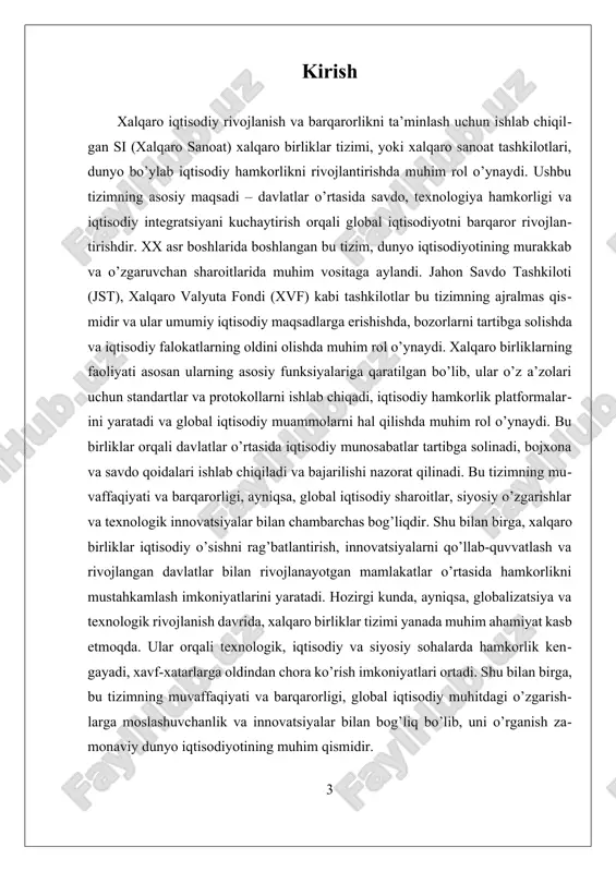 lgan platformalar tashkil etadi. bu platformalar yordamida davlatlar o’rtasida texnologik bilim almashish, ilmiy-tadqiqot ishlari va innovatsion loyihalarni amalga oshirish imkoniyati yaratiladi. bu esa, o’z navbatida, sanoatni modernizatsiya qilish va raqobatbardosh mahsulotlar ishlab chiqarishni ta’minlash uchun muhimdir. uchinchi vazifa – iqtisodiy barqarorlik va rivojlanishni ta’minlashdir. xalqaro birliklar, ayniqsa, iqtisodiy krizislar yoki muhim muammolar yuzaga kelganida, davlatlar o’rtasida hamkorlikni kuchaytiradi va muammolarni hal qilish uchun muhim platforma bo’lib xizmat qiladi. xalqaro valyuta fondi (xvf) misolida, u mamlakatlarning iqtisodiy muammolarini hal qilish uchun moliyaviy yordam va siyosiy maslahatlar beradi. bu yordamlar orqali, iqtisodiy barqarorlikni saqlash va rivojlanish uchun asosiy shart-sharoitlar yaratiladi. bundan tashqari, xalqaro birliklar iqtisodiy hamkorlikni rivojlantirishda standartlar va protokollarni ishlab chiqadi. bu hujjatlar bilan davlatlar o’rtasida o’zaro tushunishni oshirish, qoidalarga rioya qilishni ta’minlash va iqtisodiy munosabatlarning shaffofligini yuksaltirish maqsad qilinadi. standartlar ishlab chiqish orqali, mahsulot sifatini nazorat qilish, ekologik talablarni belgilash va xavfsizlikni ta’minlash imkoniyati yaratiladi. xalqaro birliklarning faoliyati shuningdek, rivojlangan …