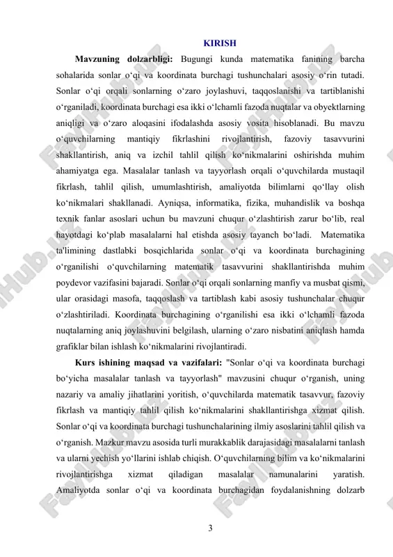 uvchilarda fazoviy va mantiqiy fikrlashni rivojlantirishga qaratilgan metodik yondashuvlar. masalalarni tuzish va yechish orqali o‘quvchilarning matematik bilimlarini mustahkamlash, ularni amaliyotda qo‘llay olish ko‘nikmalarini shakllantirish, dars jarayonida sonlar o‘qi va koordinata burchagidan samarali foydalanish metodikasi kurs ishining asosiy predmetini tashkil etadi. shuningdek, o‘quvchilarning mustaqil fikrlash, masala yechishga ijodiy yondashish, fazoviy tasavvur va mantiqiy xulosalar chiqarish qobiliyatlarini rivojlantirish imkoniyatlarini o‘rganish ham kurs ishining predmetiga kiradi. mavzuning o`rganilishi: sonlar o‘qi va koordinata burchagi matematikada dastlabki va eng muhim tushunchalar qatoriga kiradi. ularning o‘rganilishi qadimiy davrlardan boshlangan bo‘lib, sonlarning tartibi va ularning fazodagi joylashuvini aniq ko‘rsatish zarurati insoniyat taraqqiyoti bilan birga rivojlangan. ayniqsa, manfiy sonlar kiritilishi va ular uchun sonlar o‘qining chap tomonini tasavvur qilish g‘oyasi matematik tafakkurda yangi sahifa ochgan. riyoziyot fanining rivojlanishi bilan sonlar o‘qi va koordinata tizimlari nazariyasi shakllangan. xvii asrda fransuz matematigi rene dekart tomonidan koordinata tizimi va analitik geometriya asoslari yaratilgan. i-bob sonlar o‘qi va koordinata burchagi haqida umumiy …
