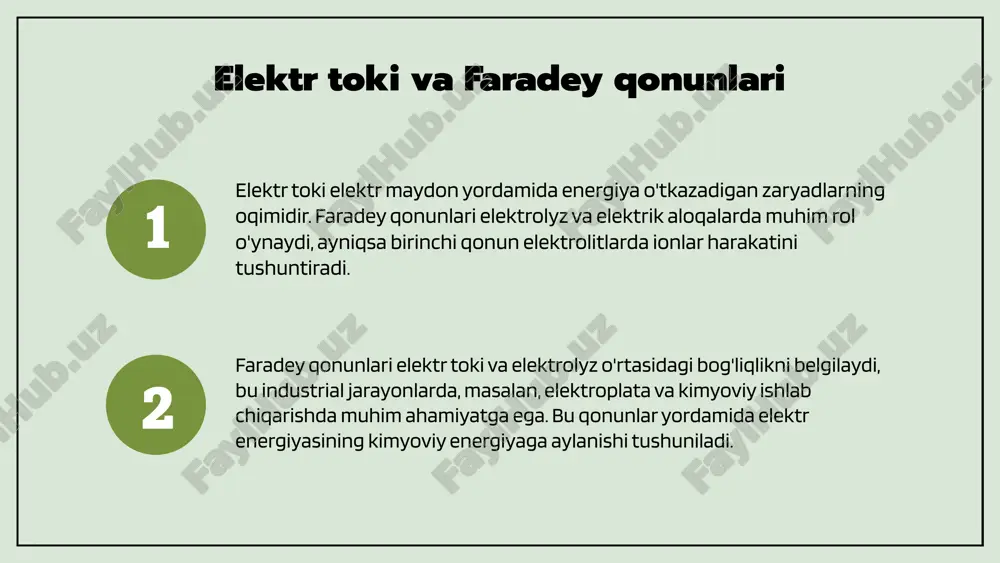 ab chiqarish xarajatlarini kamaytiradi. yangi texnologiyalar: innovatsiyalar jarayonlarni rivojlantiradi. elektroliz yordamida vodorod ishlab chiqarish atrof-muhitni saqlashga yordam beradi. sanoatda elektroliz ishlab chiqarishni samarali va arzon qilishga yordam beradi. elektroliz texnologiyalari rivojlanmoqda, energiya samaradorligi oshmoqda. yangi katalizatorlar va membrana texnologiyalari yordamida reaksiya tezligi va narx kamaymoqda. yuqori bosim va harorat sharoitida ishlash imkoniyatlari kengaymoqda. kelajakda suvni tozalash, yadro va quyosh energiyasi bilan birga ishlash hamda xomashyo sifatida foydalanish imkoniyatlari mavjud. kelajakda elektroliz texnologiyalari photo by emad el byed on unsplash elektroliz jarayonining asoslari elektroliz jarayoni elektr toki yordamida kimyoviy birikmalarni ajratish yoki o'zgartirish jarayonidir. bu jarayon elektrolitlar va elektrodlar yordamida amalga oshiriladi, unda elektr energiyasi kimyoviy energiyaga aylantiriladi. elektr toki elektrolizda qanday ishlaydi? u elektrolit orqali o'tib, ionlarni harakatlantiradi, natijada metalik yoki gaz shaklidagi mahsulotlar elektrod yuzasida to'planadi. kimyoviy va fizik asoslar esa elektrostatik kuchlar va ionlarning harakatiga asoslangan bo'lib, ular elektrolitdagi ionlar va elektrodlarning potensial farqiga bog'liq. elektroliz jarayonining bosqichlari …