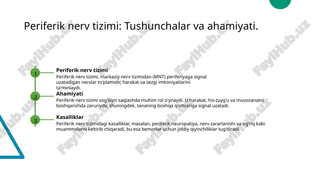 asalliklari. o‘zbekiston tibbiyot akademiyasi, 2020 3. yusupov, b. s. periferik nerv tizimining anatomiyasi va fiziologiyasi. tibbiyot fanlari, 2019 4. murodov, i. d. kasalliklar va ularning belgilari: periferik nerv tizimiga oid masalalar. o‘zbekiston tibbiyot jurnali, 2022 5. jumaniyozov, m. periferik nerv tizimi kasalliklari va ularning zamonaviy davolash usullari. xalqaro nevrologiya konferensiyasida ma’ruza, 2023 e'tiboringiz uchun rahmat! image1.jpeg image2.jpeg