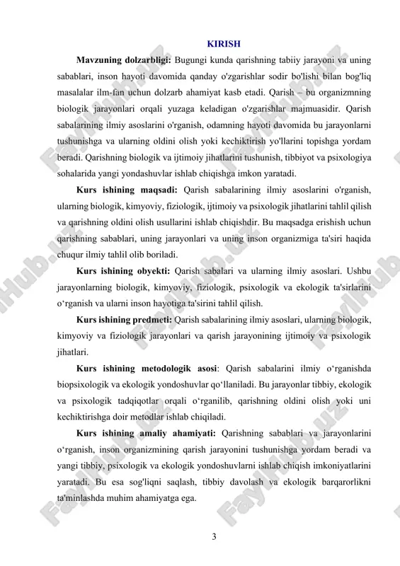 ri, mushaklar, va asab tizimida sezilarli ta'sir qiladi. dna zarar ko'rishi va genetika: qarish jarayonida organizmning dna si zarar ko'radi, bu esa kletkalar va tizimlar funksiyalarini buzilishiga olib keladi. dnada yuzaga kelgan o'zgarishlar kletka reproduksiyasining noto'g'ri ishlashiga va organizmning o'zini himoya qilish qobiliyatining pasayishiga olib keladi. dastlabki yoshda dna tuzilmasi yaxshi saqlansa-da, qarish jarayoni davomida uning tiklanish imkoniyatlari cheklanadi. antioxidant tizimlarining pasayishi: organizmning antioksidant tizimlari qarish jarayonida zaiflashadi. antioksidantlar erkin radikallarni neytrallashtiradi, ammo ular sekinlashadi va erkin radikallar organizmga zarar etkazishi mumkin. bu o'zgarishlar hujayralarning o'z-o'zini tiklash qobiliyatiga zarar yetkazadi va turli kasalliklarning rivojlanishiga olib keladi. mitoxondrial disfunktsiya: mitoxondriya – hujayralarning energiya ishlab chiqaruvchi organellalari bo'lib, qarish jarayonida uning funksiyalari pasayadi. mitoxondriya ish faoliyatining susayishi, hujayralarda energiya ishlab chiqarishni kamaytiradi va organizmning umumiy energiya darajasini pasaytiradi. bu holat davomida organizmning ko'plab fiziologik tizimlari, masalan, yurak-qon tomir va asab tizimlari, tezroq charchaydi va ular yanada zaiflashadi. gormonal o'zgarishlar: qarish jarayonida organizmdagi …