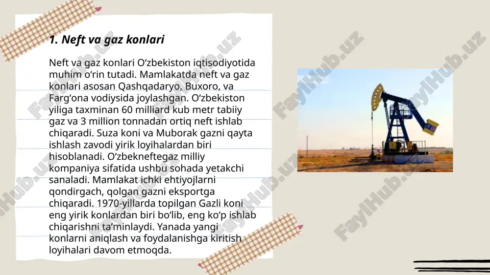 to‘plangan. oltinning jahon narxi ikkita omil – ta'minot va talablarga bog‘liq holda doimiy ravishda o‘zgarib turadi. 2022 yilda oltinning o‘rtacha narxi taxminan 1,800 aqsh dollarni tashkil qildi. uzbekistan oltin zaxiralari bo‘yicha dunyoda yetakchi davlatlardan biri bo‘lib, 2021 yilda 101 tonna oltin ishlab chiqardi. ... t.me/slaydai_bot ma'dan fosfor konlari odatda fosfat minerallari shaklida uchraydi va ular global jinslardagi fosfat zaxiralarining katta qismini tashkil etadi. fosfor asosan marokash (taxminan 70% global zaxira), xitoy, aqsh, rossiya kabi mamlakatlardan qazib olinadi. ular o'g'it ishlab chiqarish uchun muhimdir. fosfor konlarining yiriklari floridada (aqsh), g'arbiy yevropa, afrika va rossiyada joylashgan. umumiy global fosfor zaxiralari taxminan 71 milliard tonnani tashkil etadi. resurslar ma'dan konlarining har bir tonnasidan o'rtacha 5-35% fosfat olish imkonini beradi. fosforning geologik qazib olinishi 2023 yilda taxminan 240 million tonnani tashkil etdi. bu zaxiralar asosan qishloq xo'jaligi o'g'itlari ishlab chiqarishda ishlatiladi. ... t.me/slaydai_bot 7. temir rudalari temir rudalari dunyodagi eng ko'p qazib olinadigan xom …