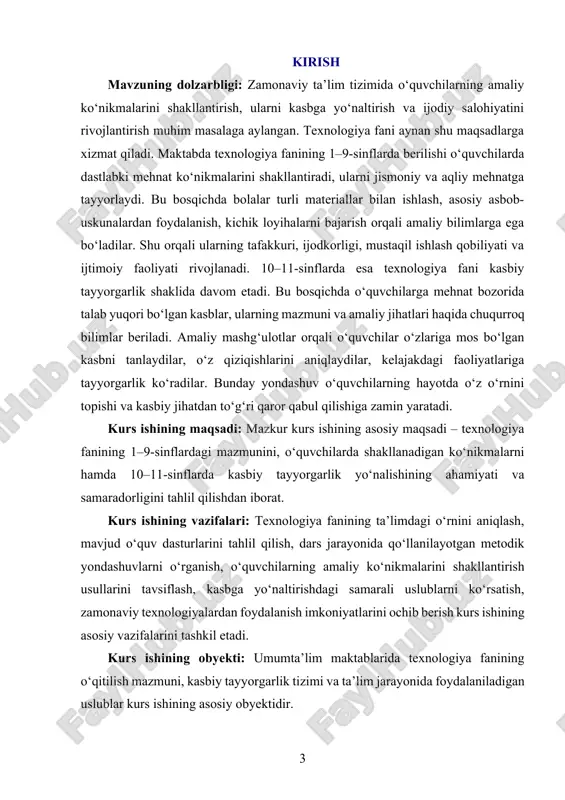 liy tajriba orttirishlari va o‘z salohiyatlarini to‘liq namoyon etishlari uchun zamin yaratiladi. bu esa ularning hayotda mustahkam ijtimoiy o‘rin egallashlariga xizmat qiladi. i bob. texnologiya fanining mazmuni va ahamiyati. 1.1. 1–9-sinflar uchun texnologiya fanining mazmuni va vazifalari. umumta’lim maktablarida texnologiya fani o‘quvchilarning mehnat madaniyatini shakllantirish, ularni ijodiy fikrlashga, mustaqil ishlashga, turli ishlab chiqarish turlari bilan tanishtirishga xizmat qiladi. ushbu fan orqali o‘quvchilar dastlabki amaliy ko‘nikmalarni egallab boradilar, turli materiallar bilan ishlashni o‘rganadilar, asbob-uskunalardan to‘g‘ri va xavfsiz foydalanish malakasini shakllantiradilar. bu esa ularning nafaqat texnik savodxonligini oshiradi, balki hayotga tayyorgarligini ham kuchaytiradi. texnologiya fanining mazmuni sinf darajasiga qarab bosqichma-bosqich murakkablashib boradi. boshlang‘ich sinflarda o‘quvchilar maket yasash, chizmachilik asoslari, oddiy tikuv va bezak ishlari bilan tanishadilar. bu bosqichda o‘quvchilarda kichik mexanik harakatlar, aniqlik va estetik did shakllanadi. keyingi sinflarda esa yog‘och, metall, to‘qimachilik materiallari bilan ishlash, dastlabki grafik dizayn elementlari, oddiy texnologik jarayonlar bilan tanishish boshlanadi. texnologiya fanining asosiy vazifalaridan biri – …