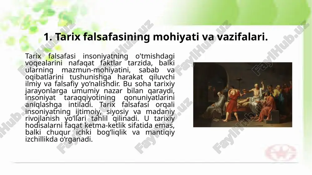 i, qadriyatlari, urf-odatlari va san’at namunalarining yig‘indisi bo‘lib, u jamiyatning shakllanishi va rivojlanishida muhim rol o‘ynaydi. tarixiy jarayonlarda madaniyat jamiyatning dunyoqarashini, ijtimoiy munosabatlarini va mehnat faoliyatini belgilab bergan. madaniyat orqali avlodlar o‘z bilim va tajribasini keyingi avlodlarga yetkazgan, shu yo‘l bilan insoniyat taraqqiyoti davom etib kelgan. har bir davrga xos bo‘lgan madaniy yutuqlar, asarlar, urf-odatlar va axloqiy me’yorlar tarixiy voqealarning mazmunini boyitgan va ularni anglashga yordam bergan. madaniyat jamiyat hayotining ajralmas qismi bo‘lib, u tarixiy jarayonlarda inson tafakkuri, e’tiqodi va ijtimoiy munosabatlarini shakllantirishda katta ahamiyat kasb etgan. har bir davrda vujudga kelgan madaniyat jamiyatning ma’naviy holati, qadriyatlari va ijtimoiy tizimining ifodasi sifatida namoyon bo‘lgan. tarixiy o‘zgarishlar, inqiloblar va islohotlar ko‘pincha madaniyatning o‘zgarishi yoki yangilanishi bilan birga kechgan. masalan, uyg‘onish davridagi san’at, adabiyot va ilm-fan sohasidagi yuksalish jamiyat fikrining erkinlashuviga, insonparvarlik g‘oyalarining kuchayishiga sabab bo‘lgan. madaniyat milliy o‘zlikni, tarixiy xotirani va urf-odatlarni asrab qolishda hal qiluvchi rol o‘ynagan, xalqlarning taraqqiyot yo‘lini …