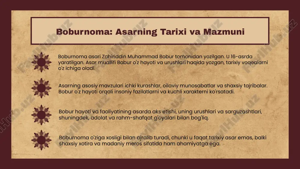 va shaxsiy tajribalar tasvirlangan. asardagi asosiy mavzular asarda kuch, adolat, va insoniylik kabi mavzular ko'tarilgan. bobur o'zining hayoti va kurashlari orqali bu mavzularni ifoda etadi. photo by getty images on unsplash boburnoma: tarixiy ahmiyati boburnoma o'z zamonidagi tarixiy voqealar va shaxslar haqida muhim ma'lumotlar taqdim etadi. bu asar, nafaqat boburning shaxsiy hayoti, balki uning davridagi siyosiy va ijtimoiy o'zgarishlar haqida ham qimmatli ma'lumotlarni o'z ichiga oladi. u tarixiy manba sifatida katta ahamiyatga ega. boburnoma tarixiy hujjat sifatida o'z davrining ko'plab tarixiy voqealarini yoritadi va keyingi tarixiy asarlarning yozilishida ta'sir ko'rsatgan. uning o'ziga xos uslubi va hikoya qilish usuli, tarixiy voqealarni yanada jonlantiradi va o'quvchilarga chuqurroq tushuncha beradi. boburnoma: o'zbek tarixiga ta'siri boburnoma o'zbek tarixida muhim rol o'ynagan asardir. bu asar, boburning hayoti va davri haqida qimmatli ma'lumotlar beradi, shuningdek, o'zbek xalqi va uning madaniyatini shakllantirishda katta ta'sir ko'rsatgan. asar tarixiy ildizlar, an'analar va o'zbek adabiyotiga ta'siri bilan ajralib turadi. boburnoma, …