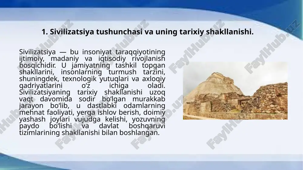 zatsiya va madaniyat o‘zaro chambarchas bog‘liq bo‘lib, ular bir-birini shakllantirib, rivojlantirib kelgan. sivilizatsiya o‘zining texnologik, iqtisodiy va ijtimoiy asoslarini yaratishda madaniyat bilan uzviy bog‘lanib, har bir davrning ma'naviy, axloqiy va estetik qadriyatlarini o‘zida mujassam etadi. shu bilan birga, madaniyat o‘zining badiiy, ilmiy, axloqiy va falsafiy yutuqlari orqali sivilizatsiyaning shakllanishiga, rivojlanishiga va o‘zgarishiga katta ta'sir ko‘rsatadi. sivilizatsiyaning o‘zgarishi va taraqqiyoti madaniyatning yangi shakllanishi va g‘oyalar bilan chambarchas bog‘liqdir. masalan, qadimgi misr va mesopotamiya sivilizatsiyalarining ilmiy va texnologik yutuqlari, ular yaratgan san'at asarlari va diniy qarashlar madaniyatning rivojlanishiga olib keldi. bu sivilizatsiyalar o‘zining madaniy qadriyatlarini yaratgan holda, keyingi davrlar uchun yangi bilimlar va g‘oyalarni taqdim etdi. xuddi shu tarzda, renessans davrida g‘arb sivilizatsiyasi san'at, ilm-fan va falsafaning rivojlanishiga asos bo‘ldi, bu o‘z navbatida madaniyatning yangi ko‘rinishlarini yaratdi. etiboringiz uchun rahmat! image1.jfif image2.jpeg image3.jpeg image4.jpeg